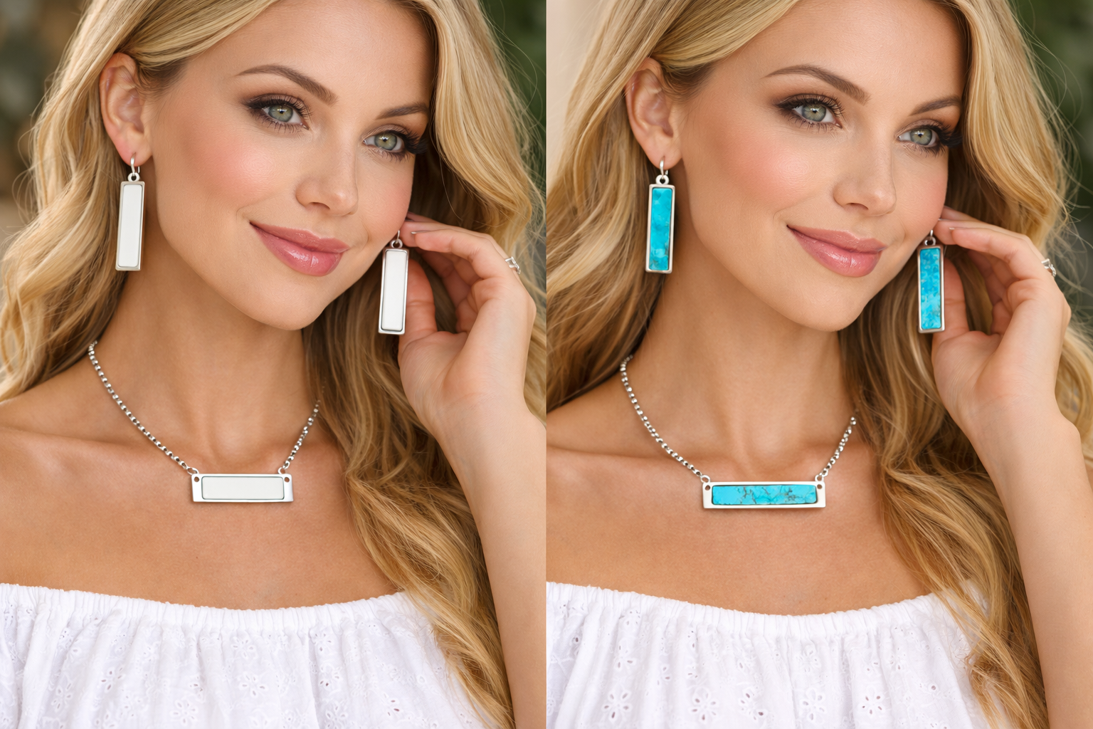 Handmade Bar Turquoise Necklace Earrings Set | Vibellejewels