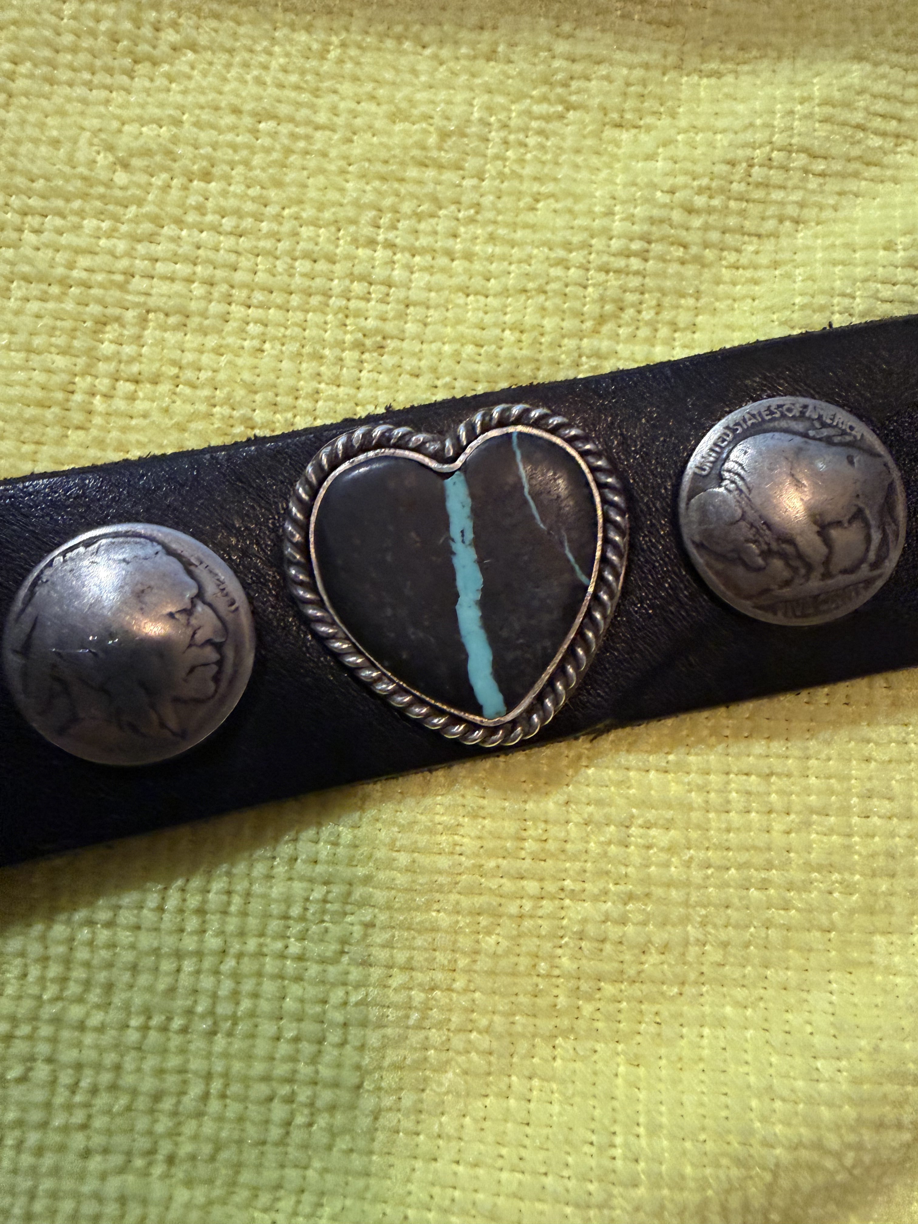 Black saddle leather and Blackjack heart stone Bracelet