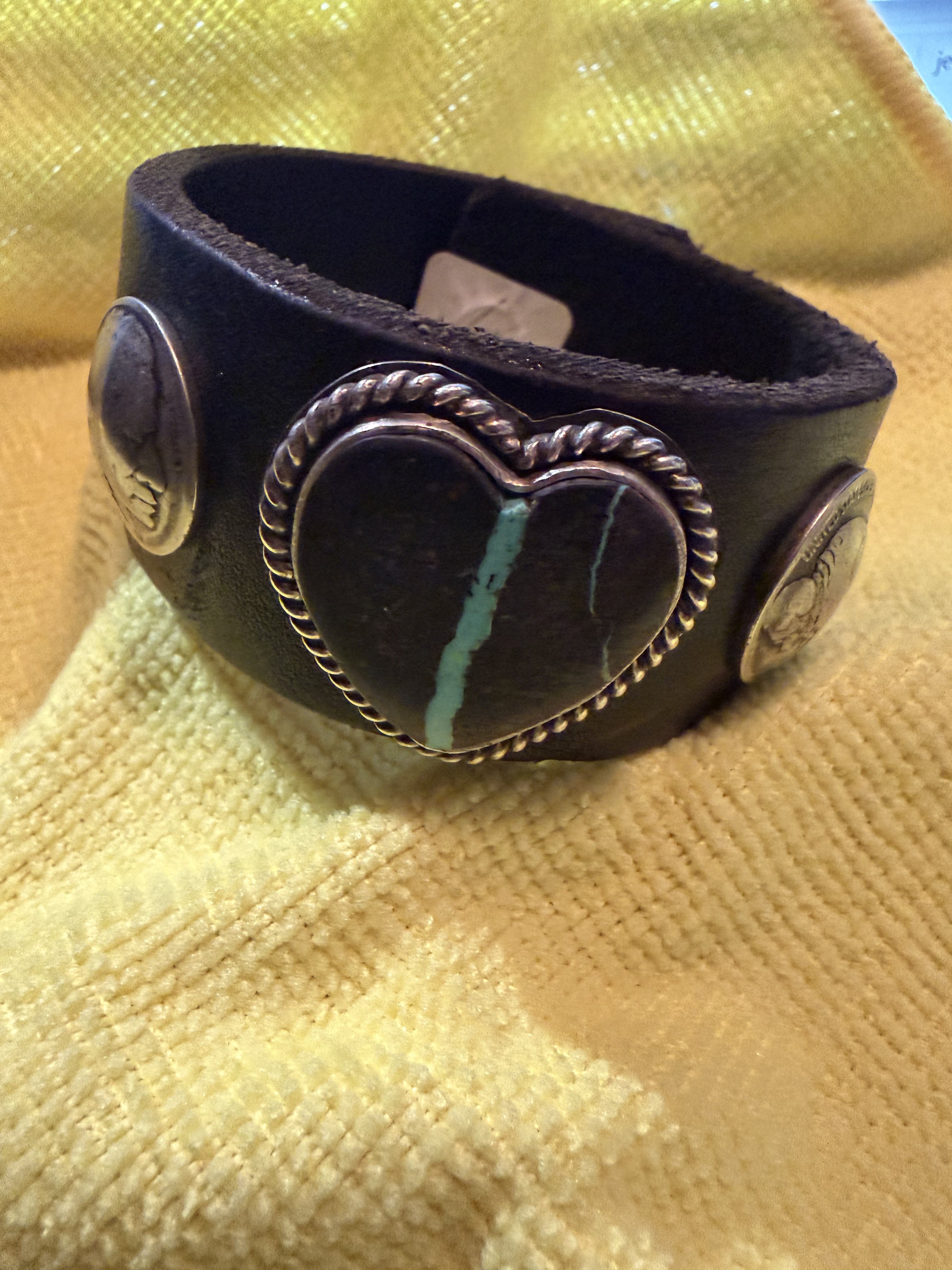 Black saddle leather and Blackjack heart stone Bracelet