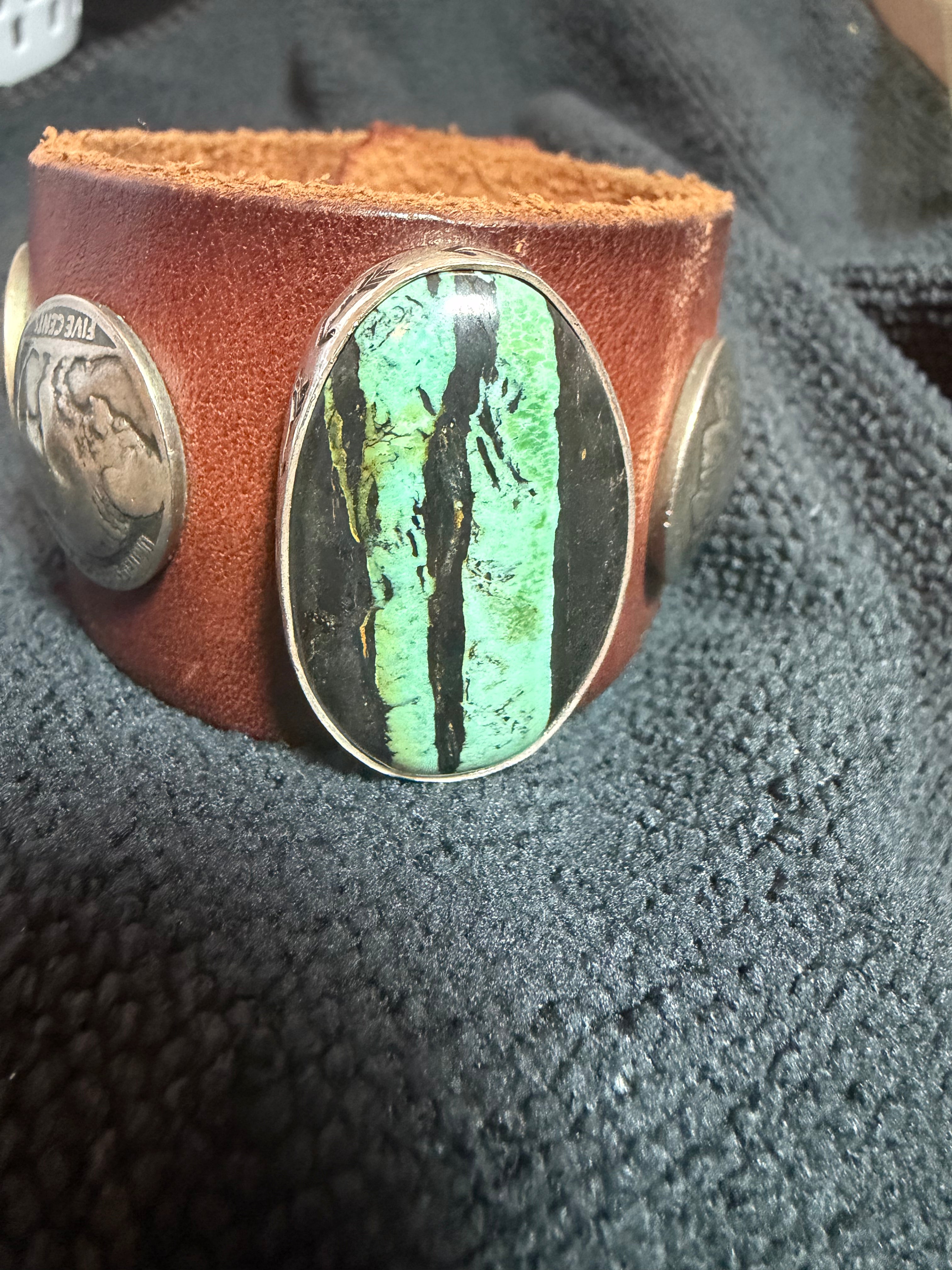 Custom Tailored Saddle Leather Cuff Bracelet with Oval Ribbon Turquoise and Vintage Coins