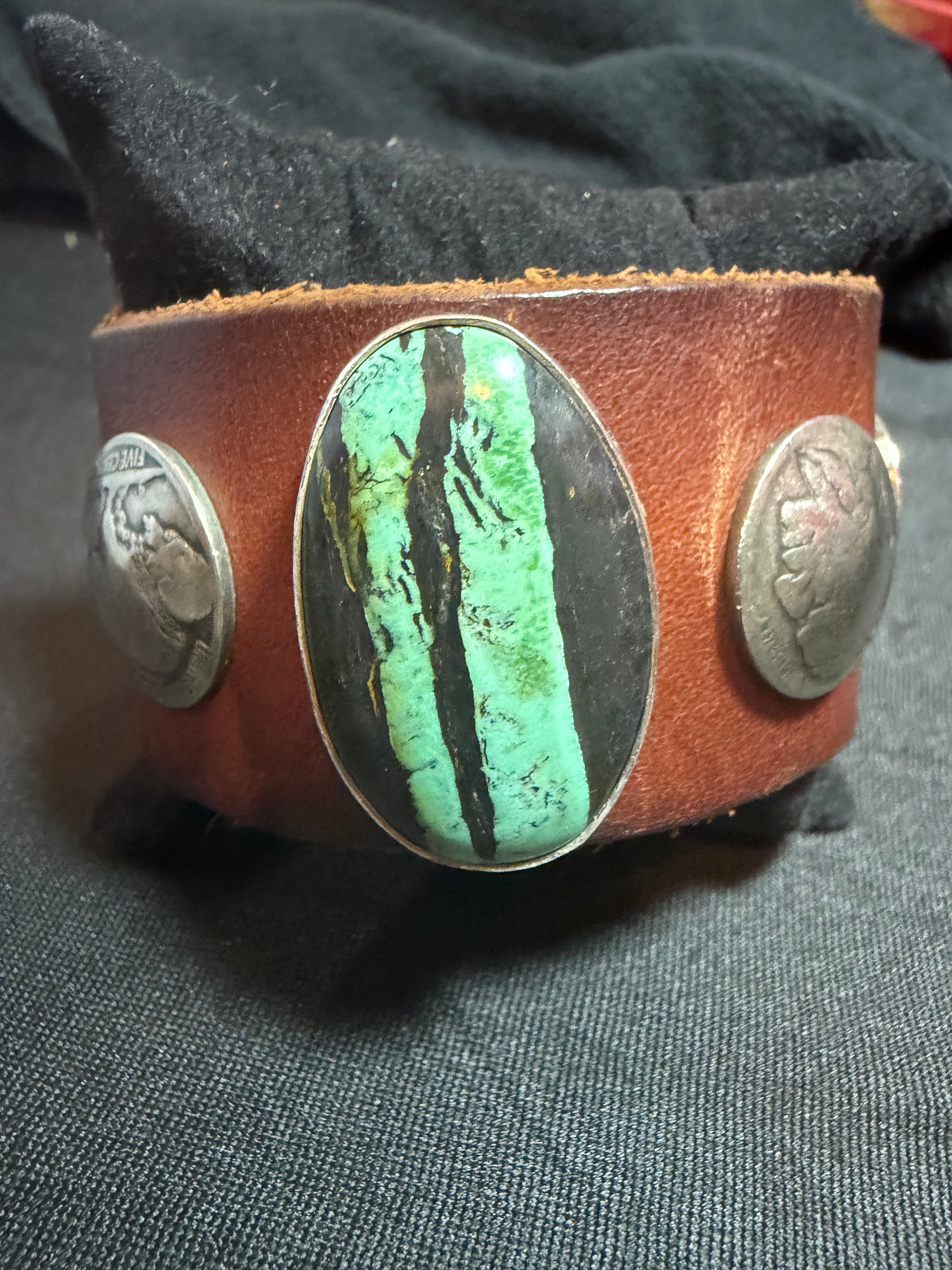 Custom Tailored Saddle Leather Cuff Bracelet with Oval Ribbon Turquoise and Vintage Coins