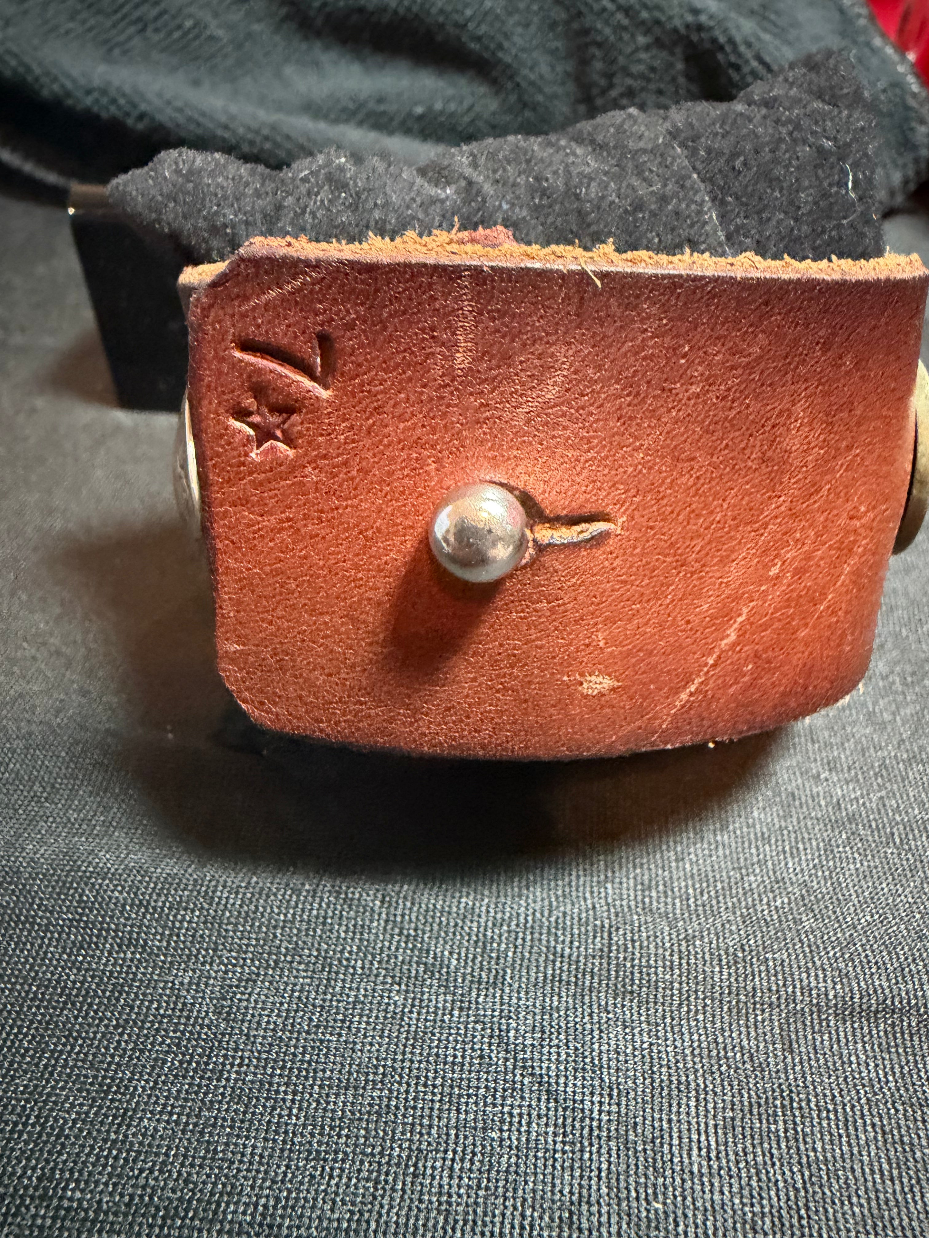 Custom Tailored Saddle Leather Cuff Bracelet with Oval Ribbon Turquoise and Vintage Coins