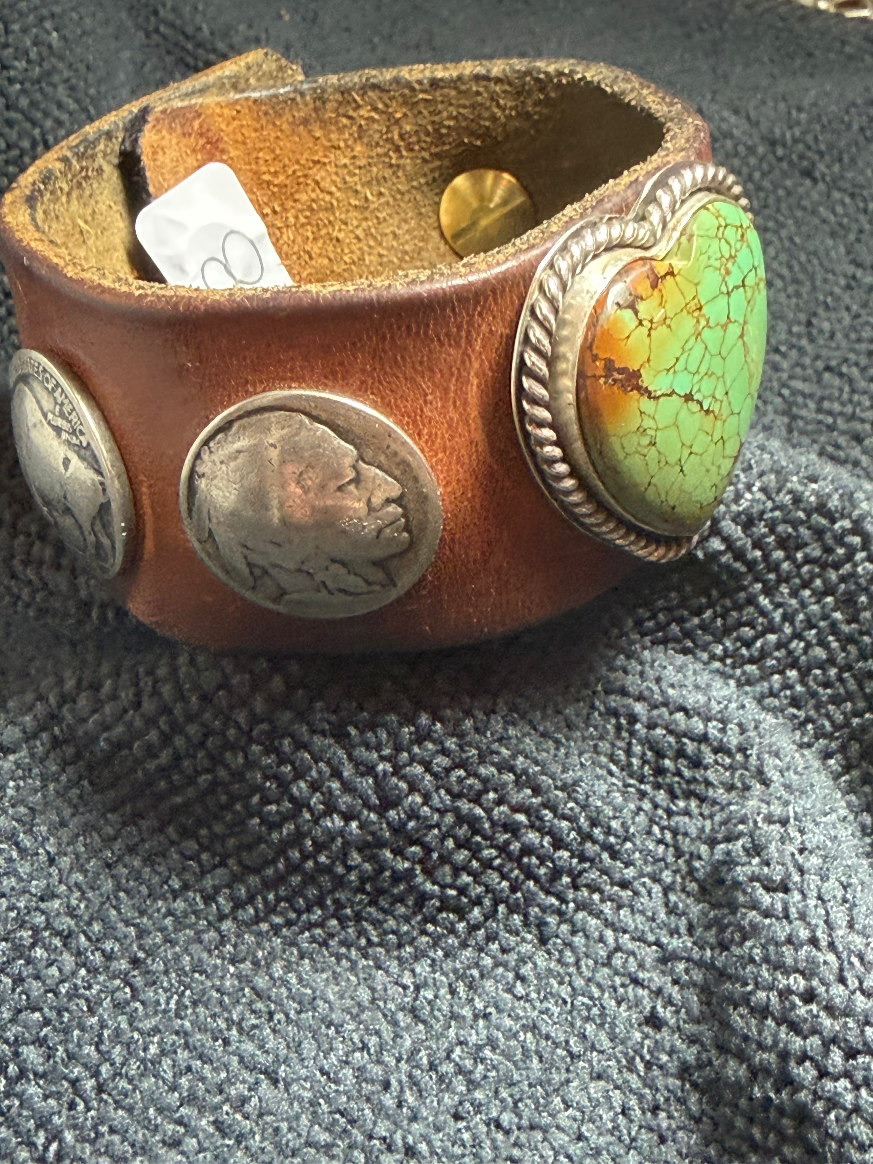 Vintage Southwestern Leather Cuff Bracelet with Heart Turquoise & Buffalo Nickels