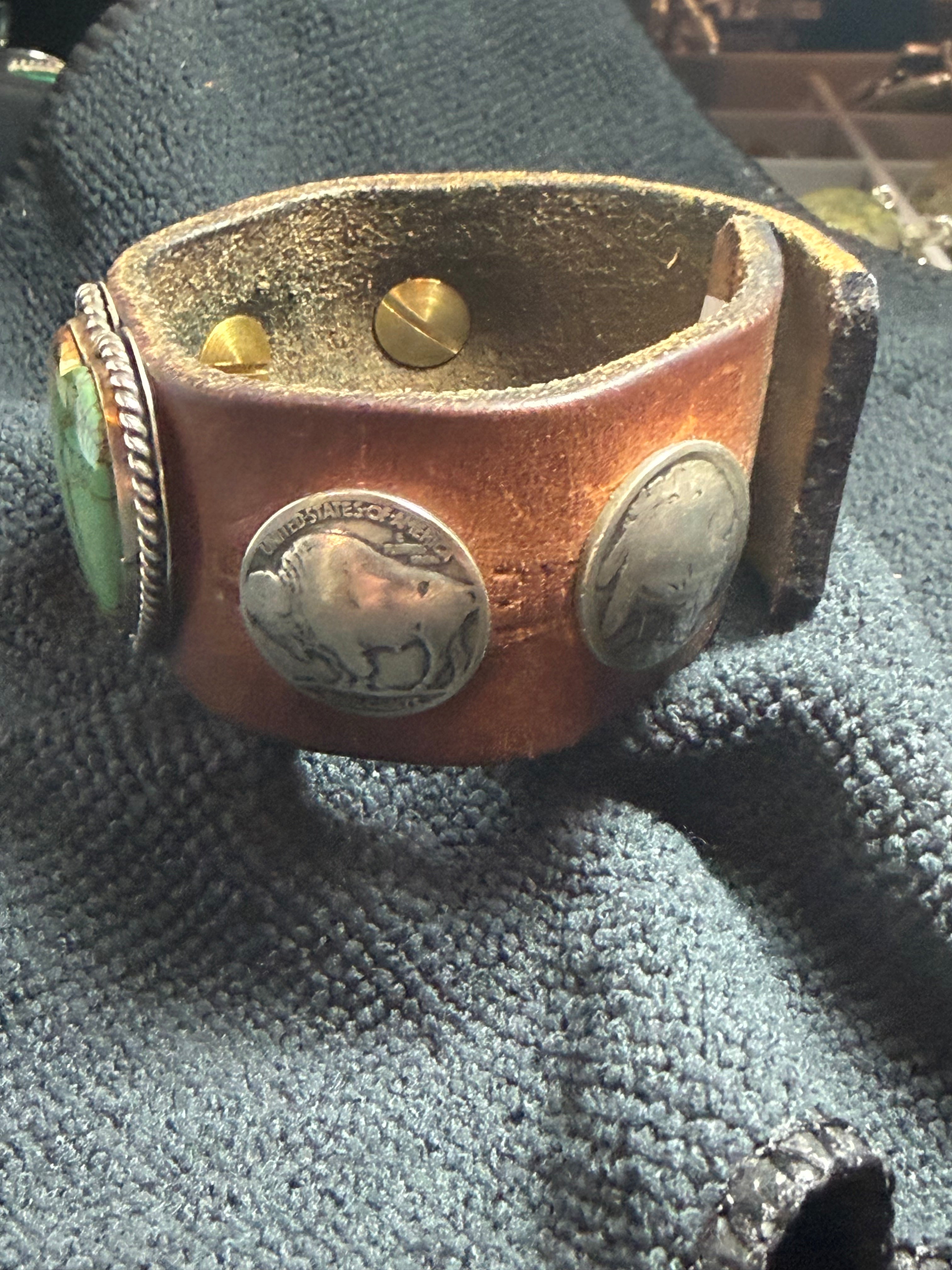 Vintage Southwestern Leather Cuff Bracelet with Heart Turquoise & Buffalo Nickels