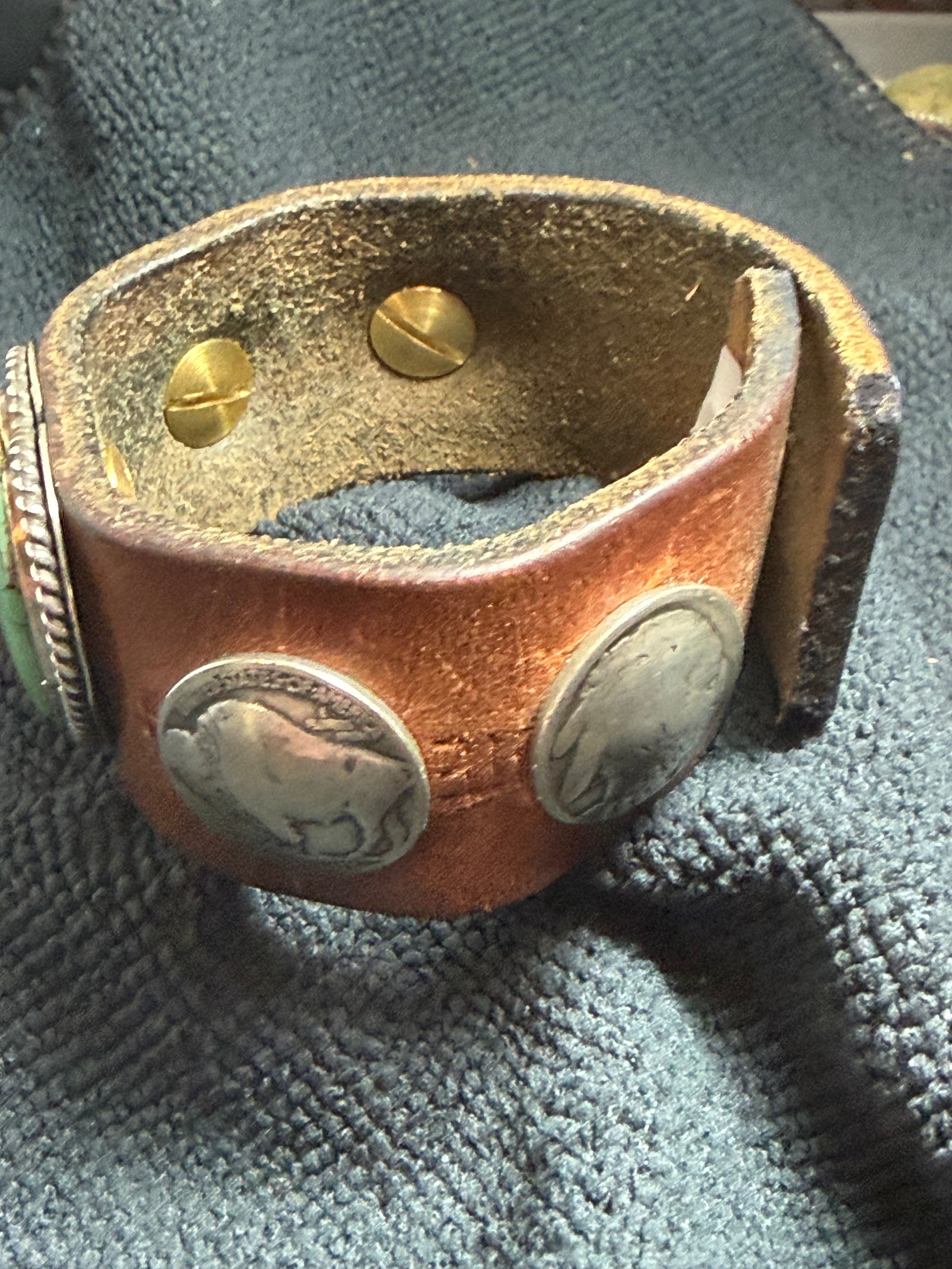 Vintage Southwestern Leather Cuff Bracelet with Heart Turquoise & Buffalo Nickels