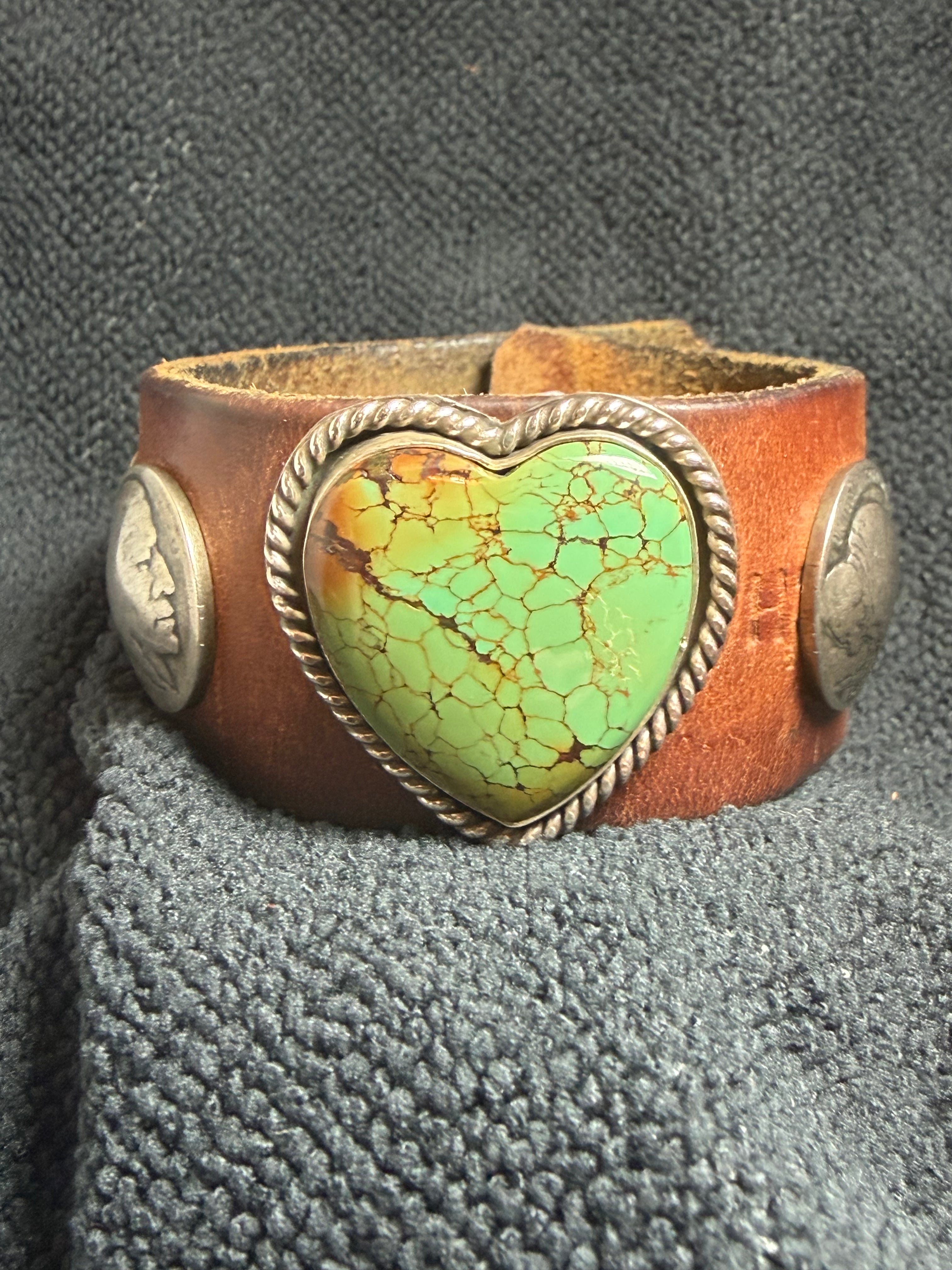 Vintage Southwestern Leather Cuff Bracelet with Heart Turquoise & Buffalo Nickels