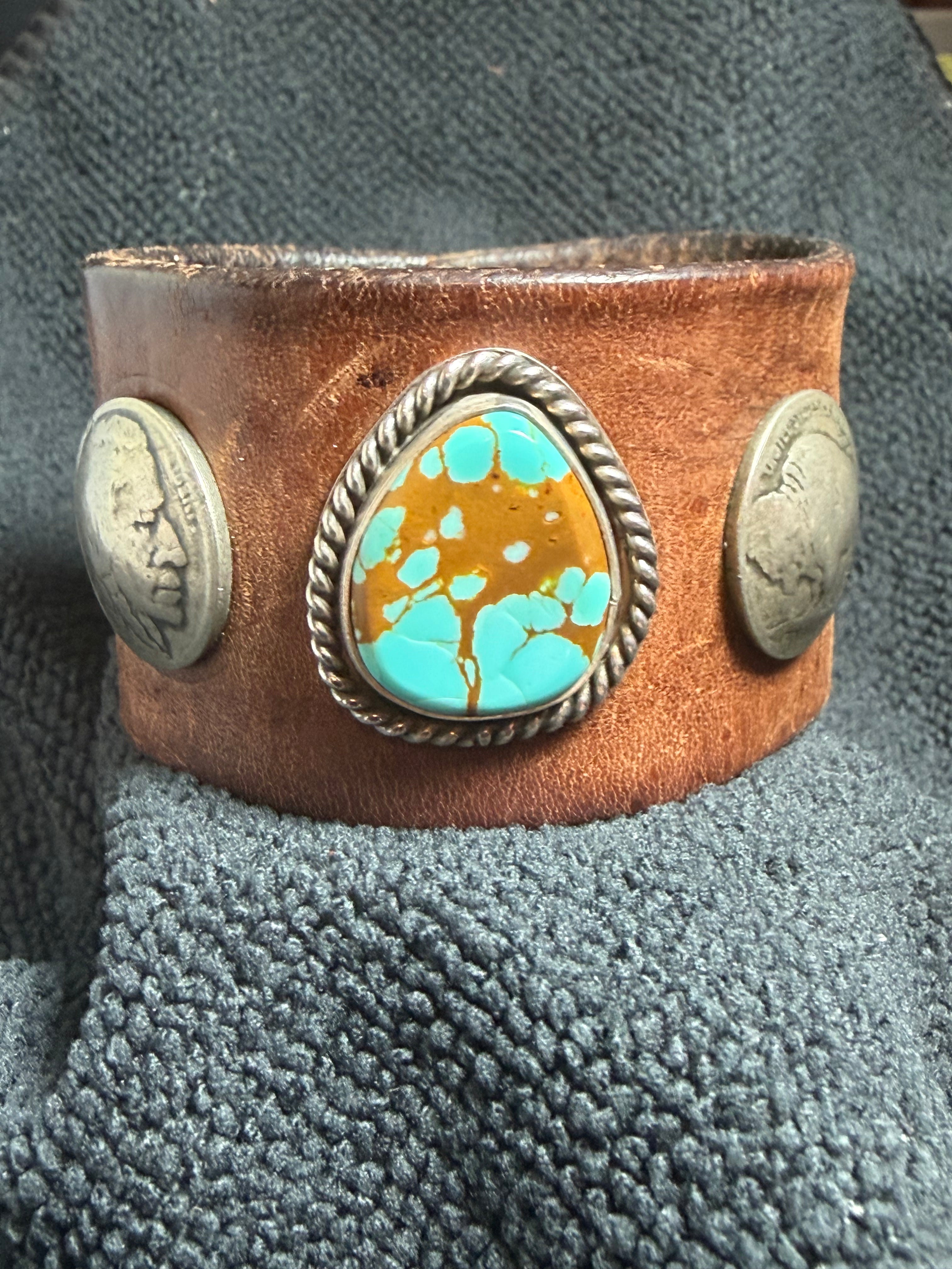 Vintage Southwestern Leather Cuff Bracelet with Teardrop Turquoise & Buffalo Nickels