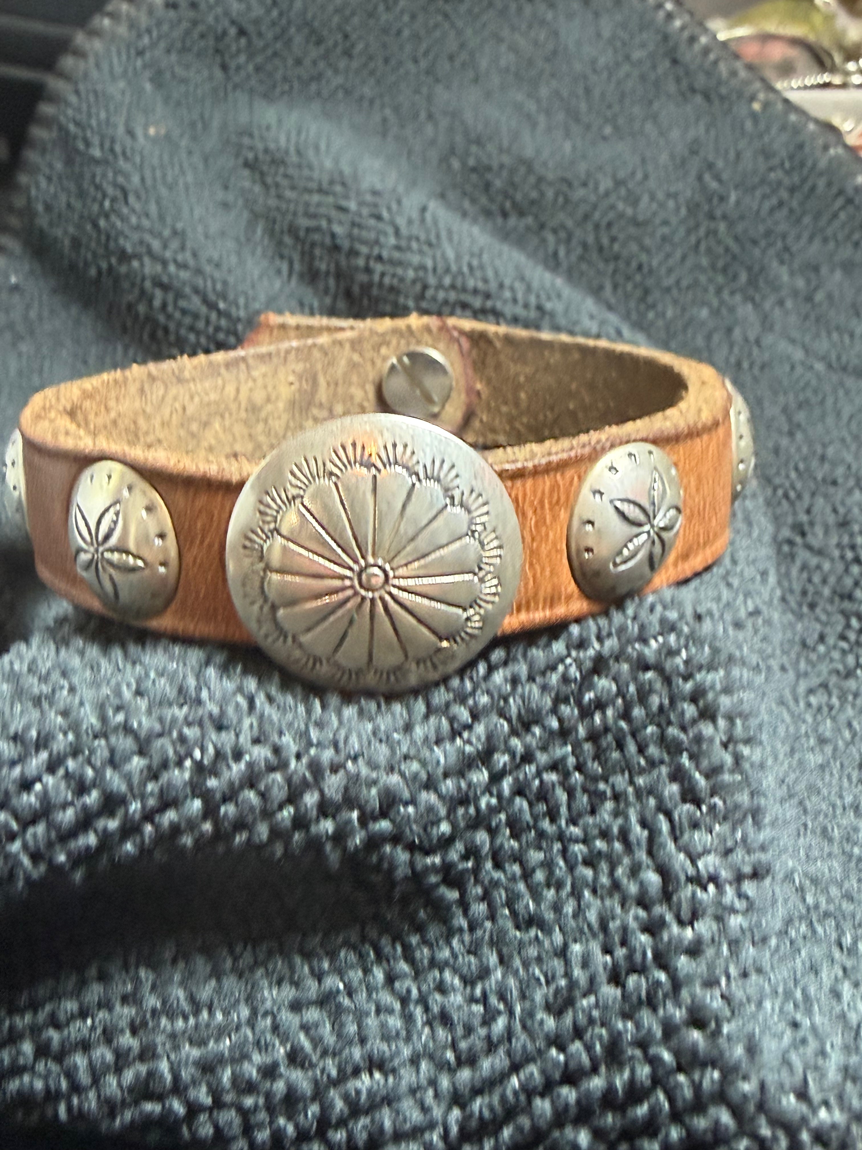 Vintage Leather Bracelet with Silver Conchos