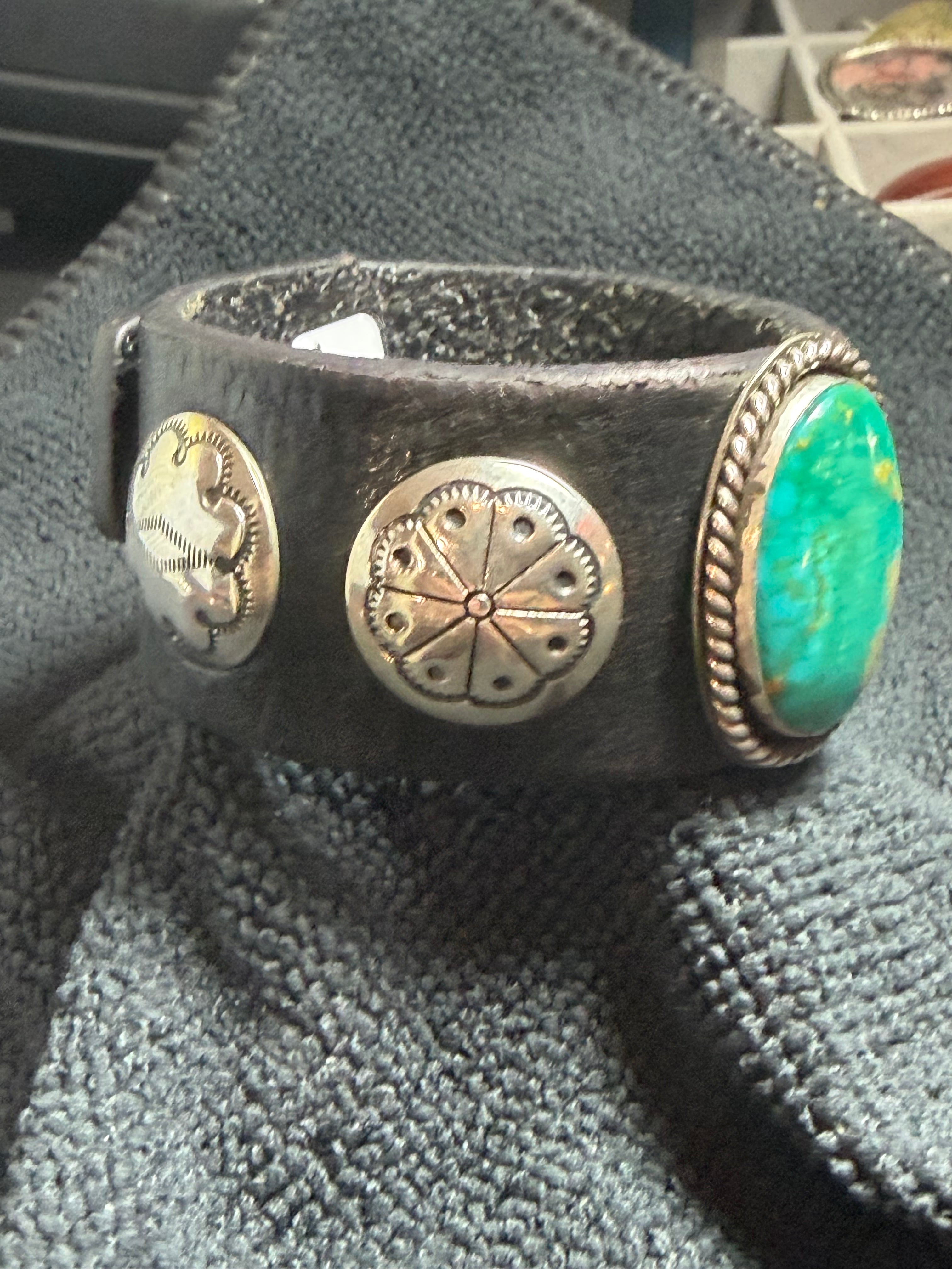 Vintage Southwestern Dark Leather Cuff Bracelet with Large Oval Turquoise & Conchos