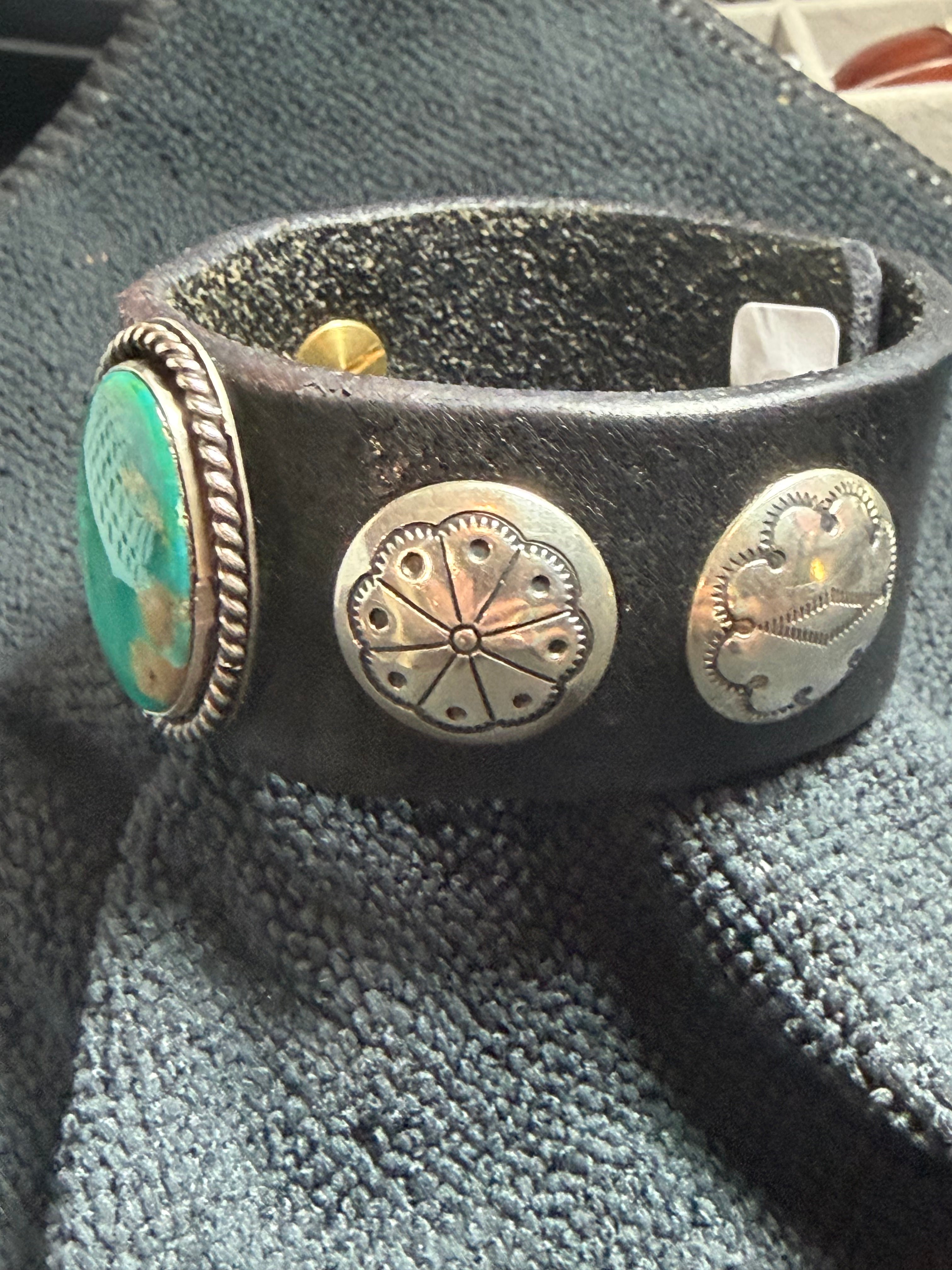 Vintage Southwestern Dark Leather Cuff Bracelet with Large Oval Turquoise & Conchos