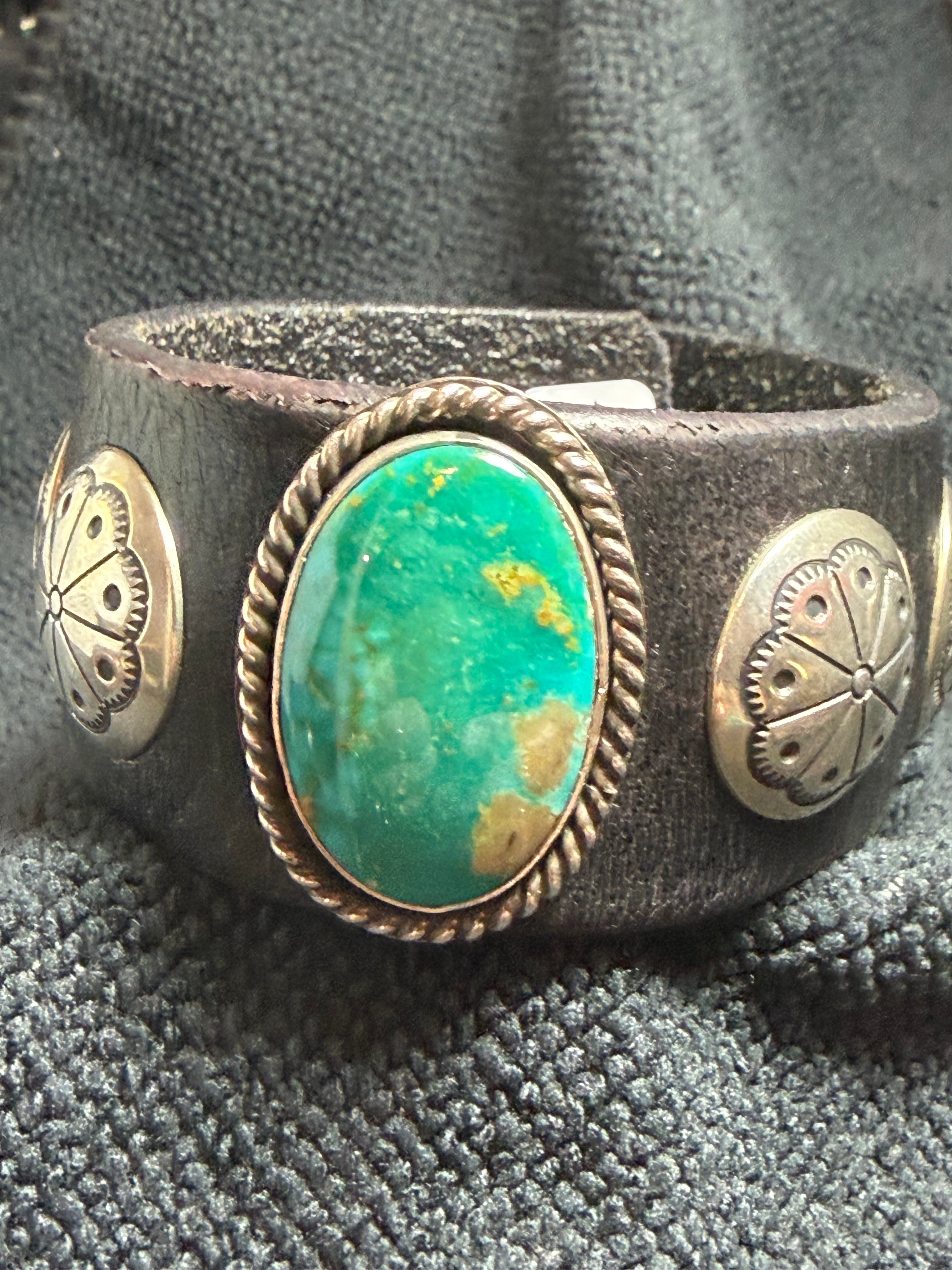 Vintage Southwestern Dark Leather Cuff Bracelet with Large Oval Turquoise & Conchos