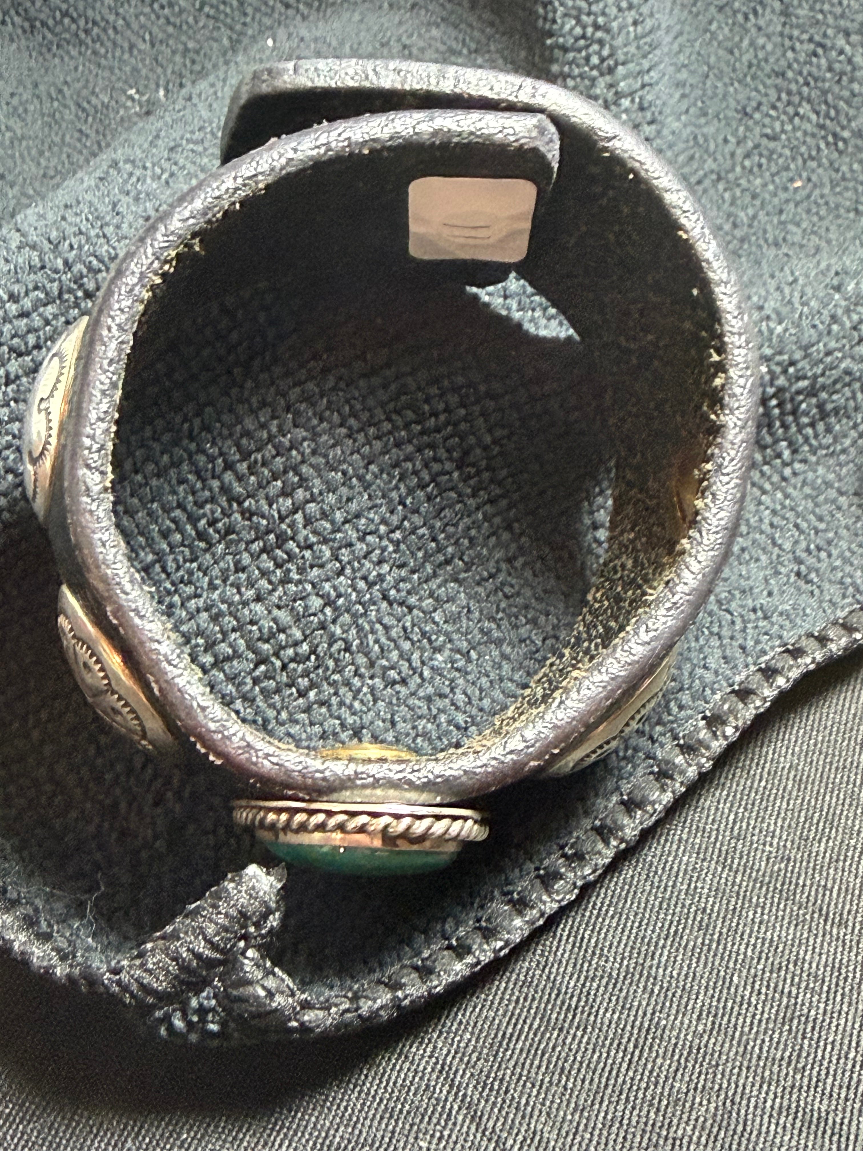 Vintage Southwestern Dark Leather Cuff Bracelet with Large Oval Turquoise & Conchos
