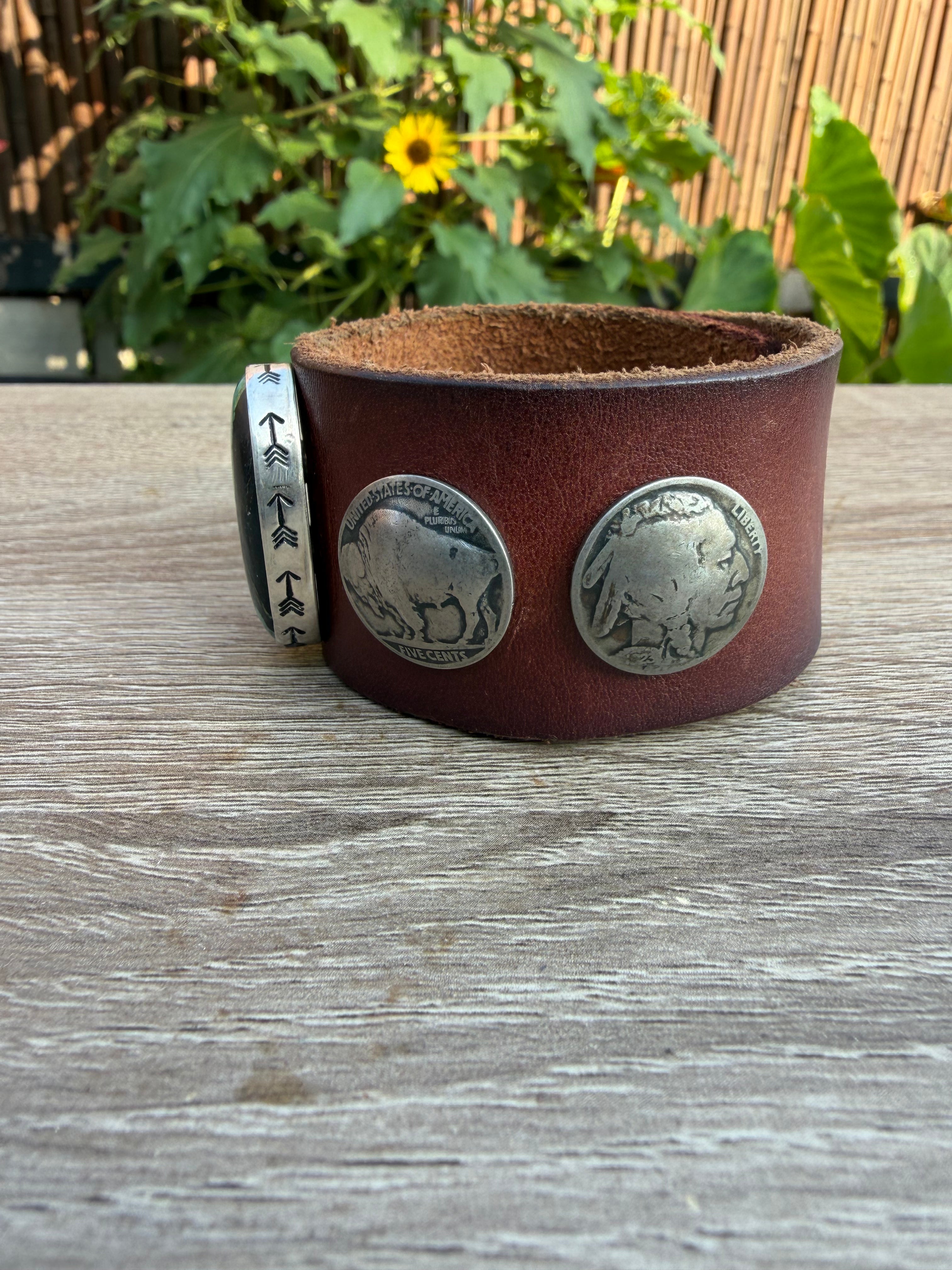 Large Nevada Turquoise & Buffalo Nickel Wide Leather Cuff Bracelet