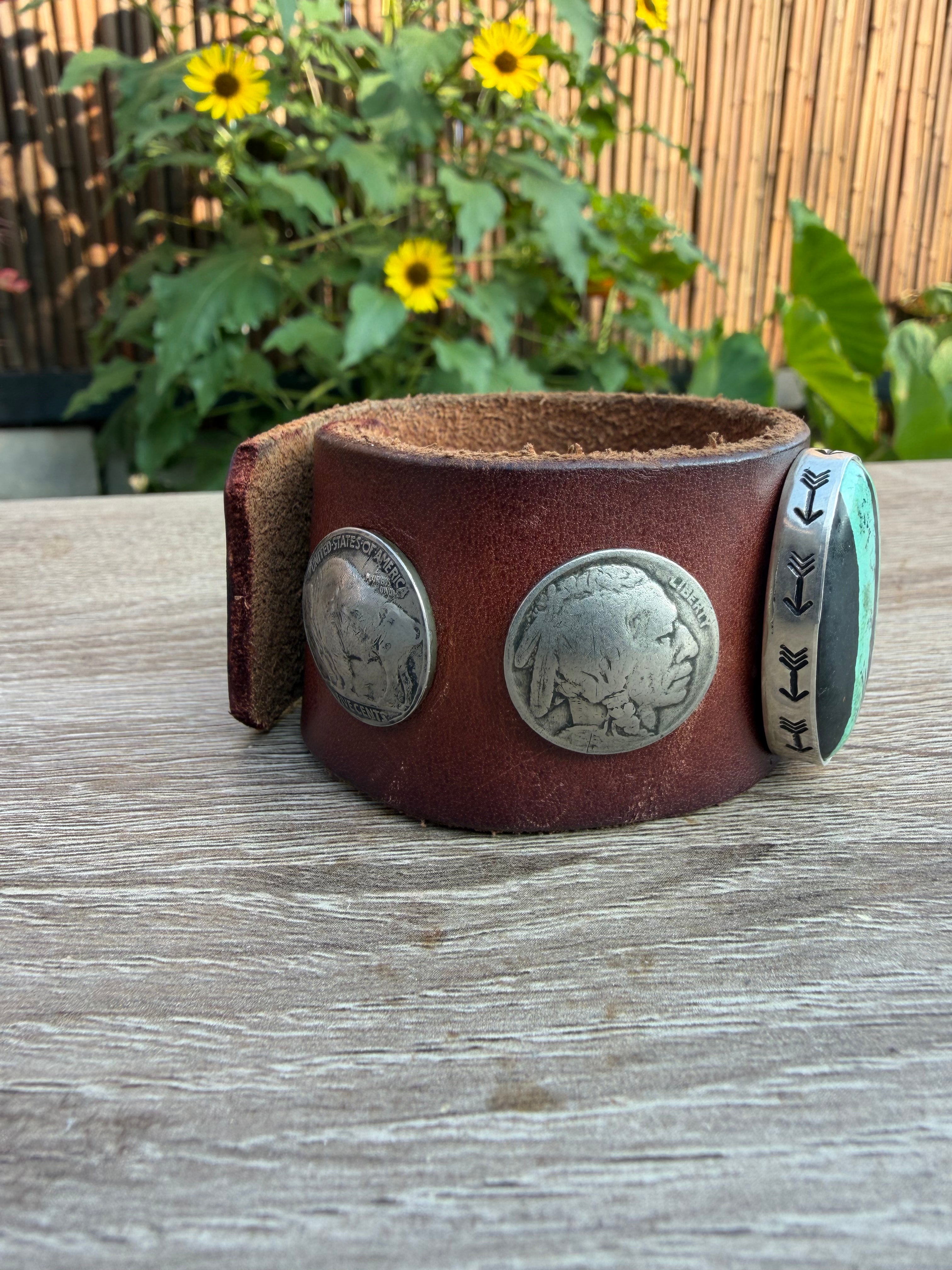 Large Nevada Turquoise & Buffalo Nickel Wide Leather Cuff Bracelet