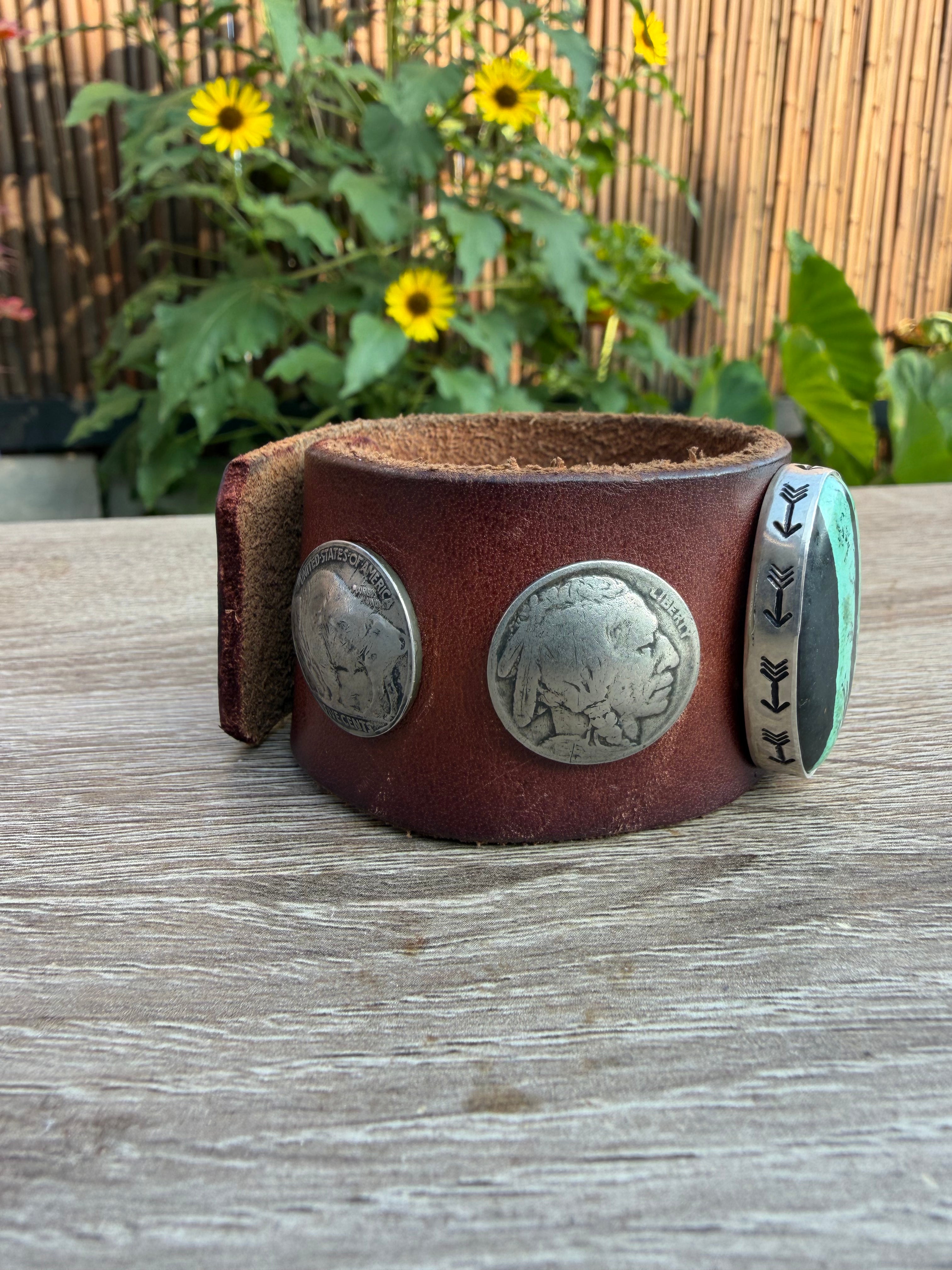 Large Nevada Turquoise & Buffalo Nickel Wide Leather Cuff Bracelet