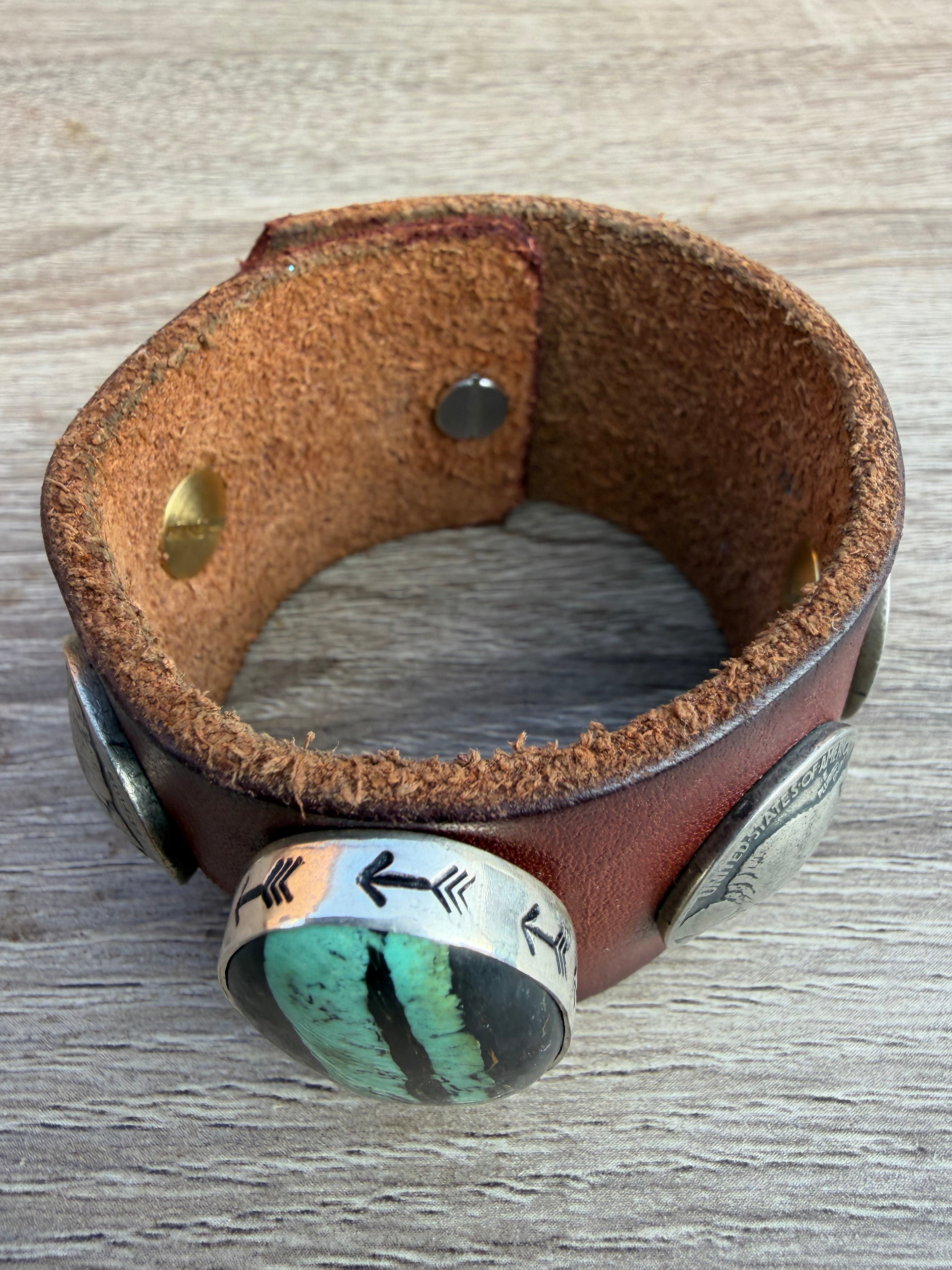 Large Nevada Turquoise & Buffalo Nickel Wide Leather Cuff Bracelet
