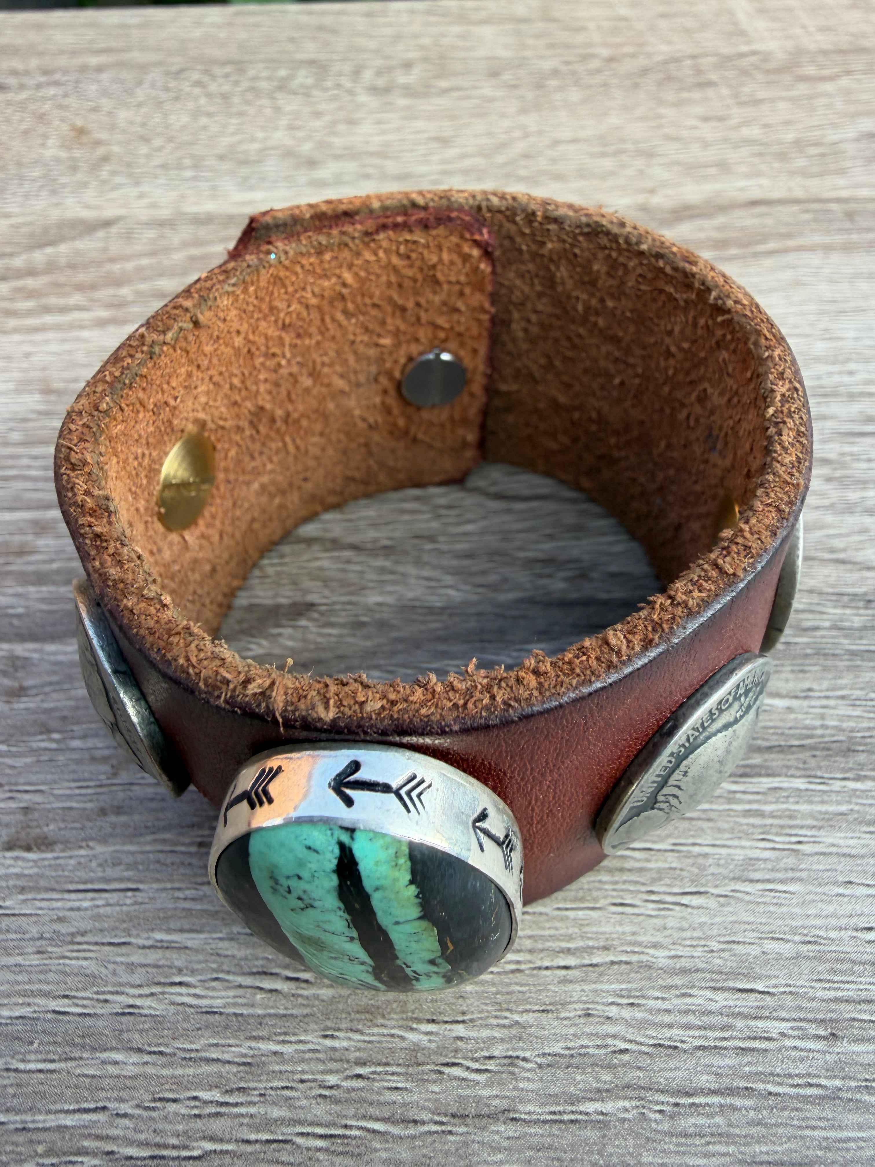 Large Nevada Turquoise & Buffalo Nickel Wide Leather Cuff Bracelet