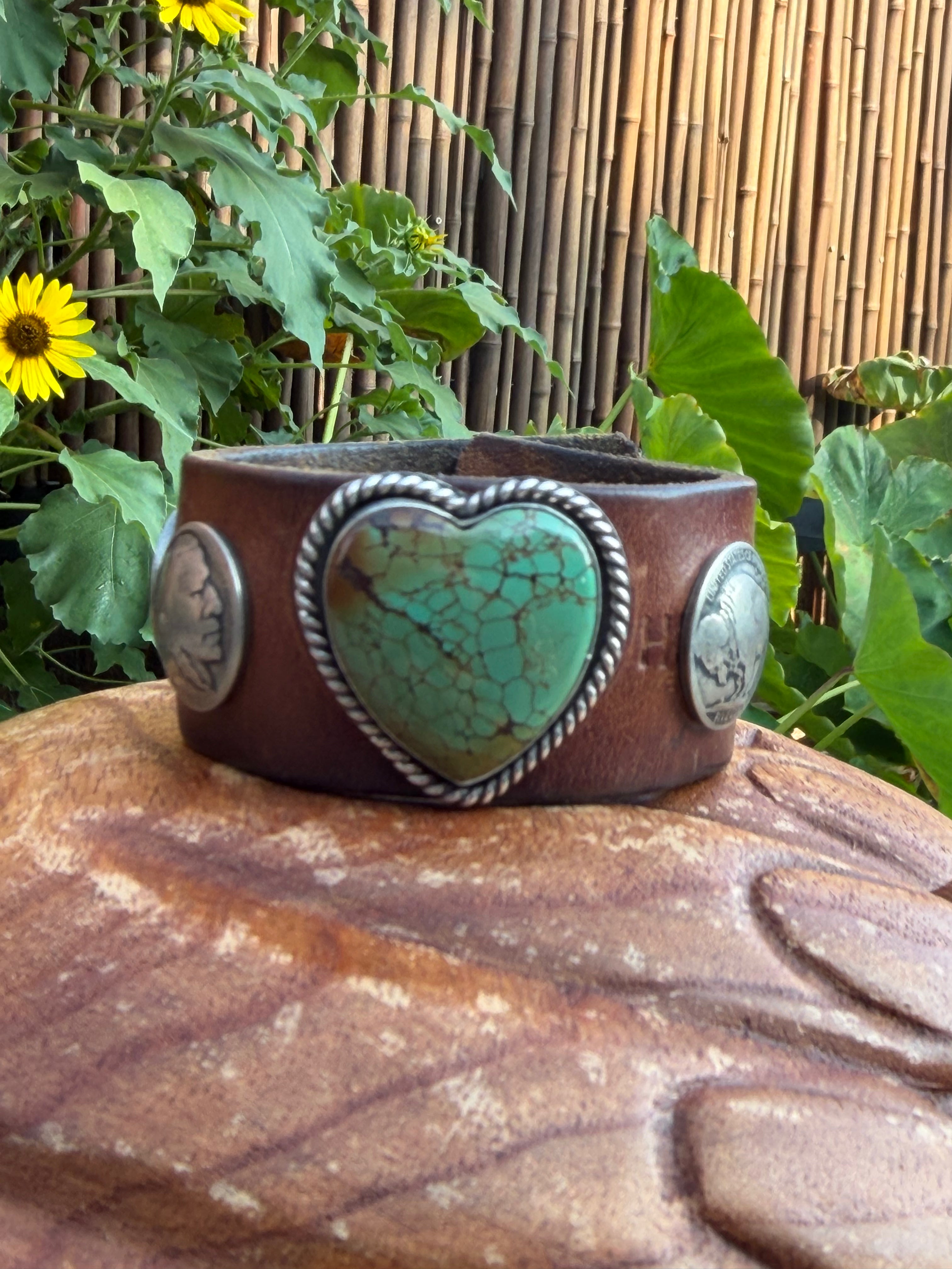 Heart Turquoise Leather Cuff Bracelet