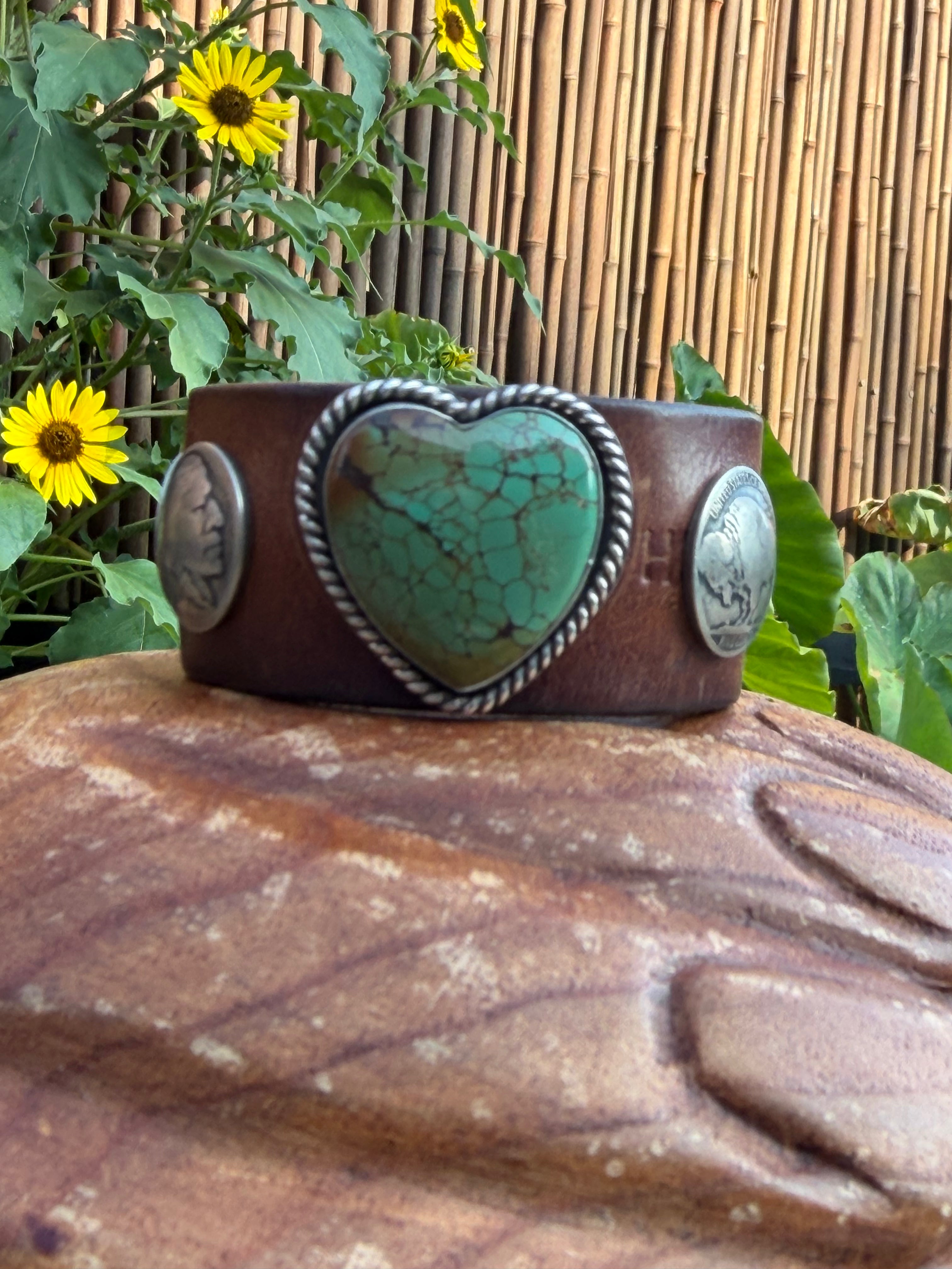 Heart Turquoise Leather Cuff Bracelet
