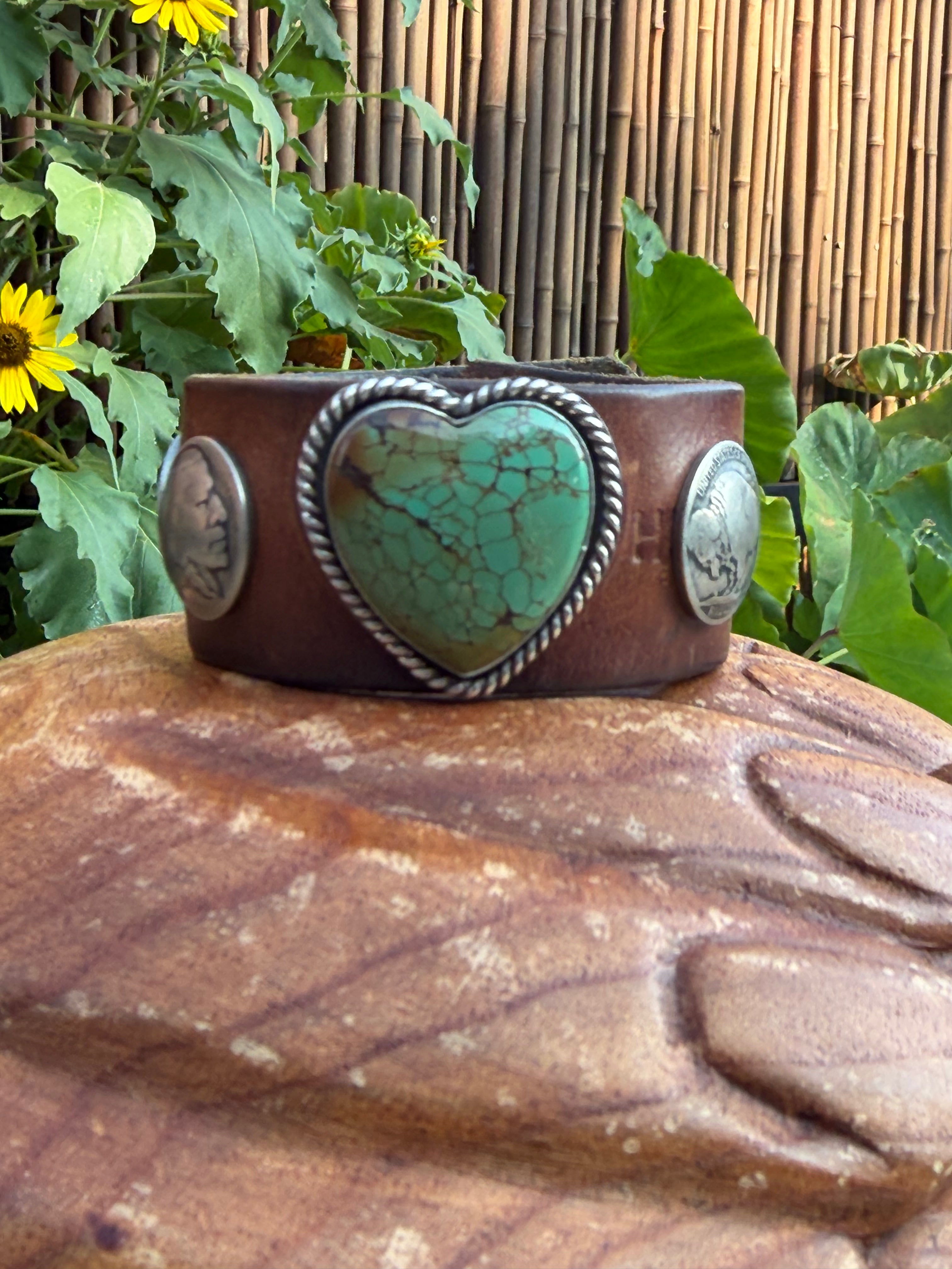 Heart Turquoise Leather Cuff Bracelet