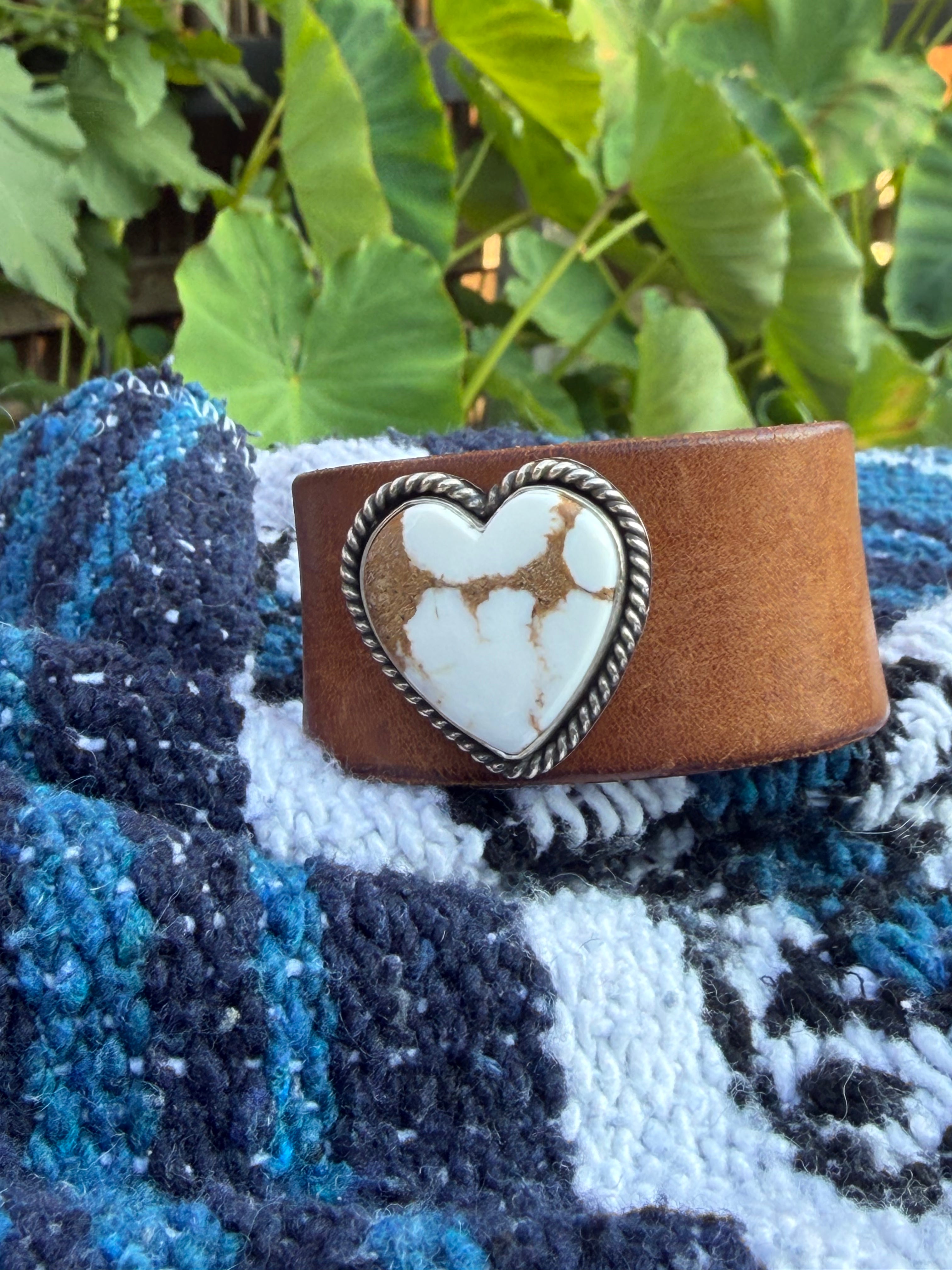 Boho Western Wide Leather Cuff | Heart-Shaped White Turquoise Stone