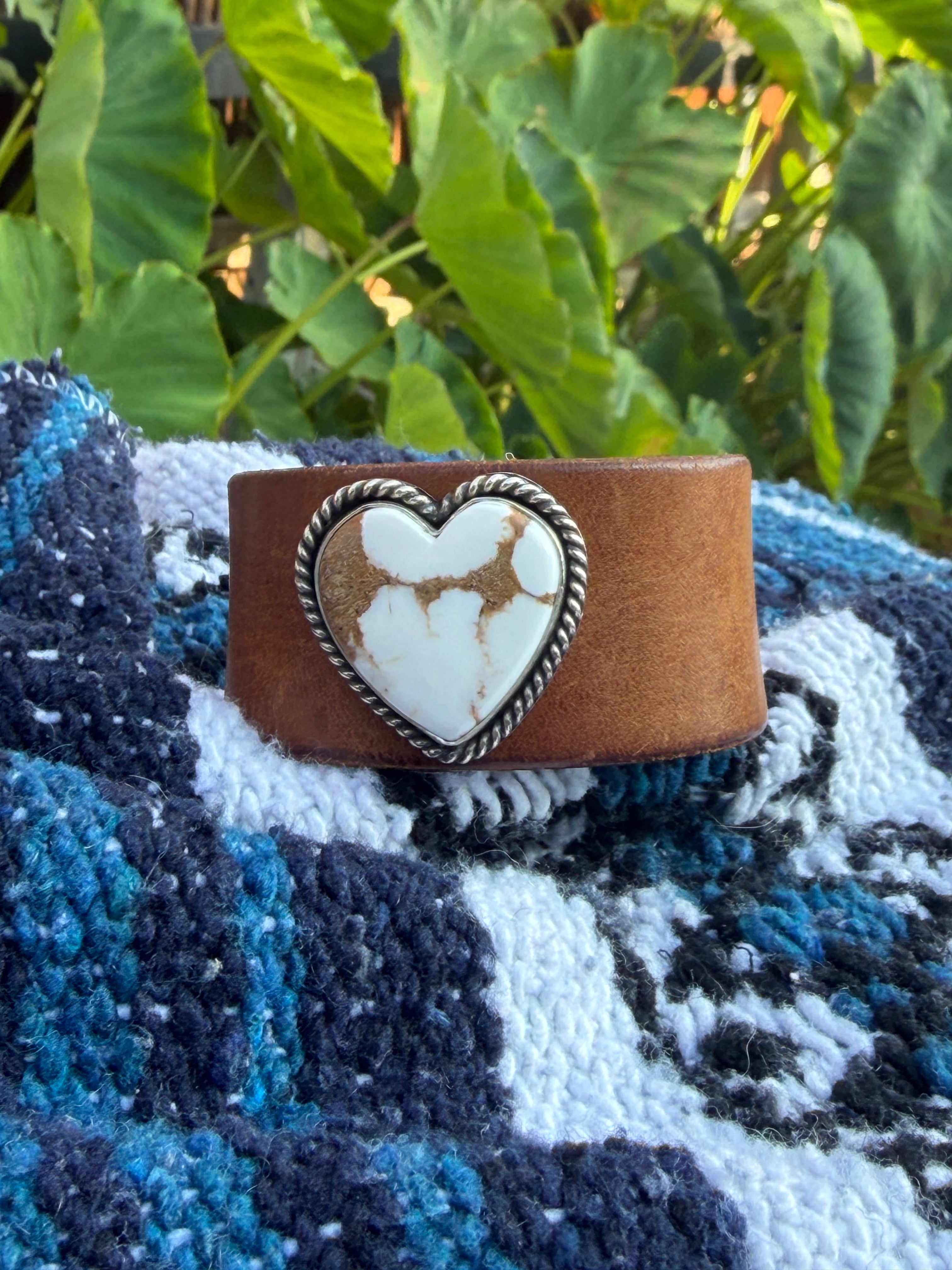 Boho Western Wide Leather Cuff | Heart-Shaped White Turquoise Stone