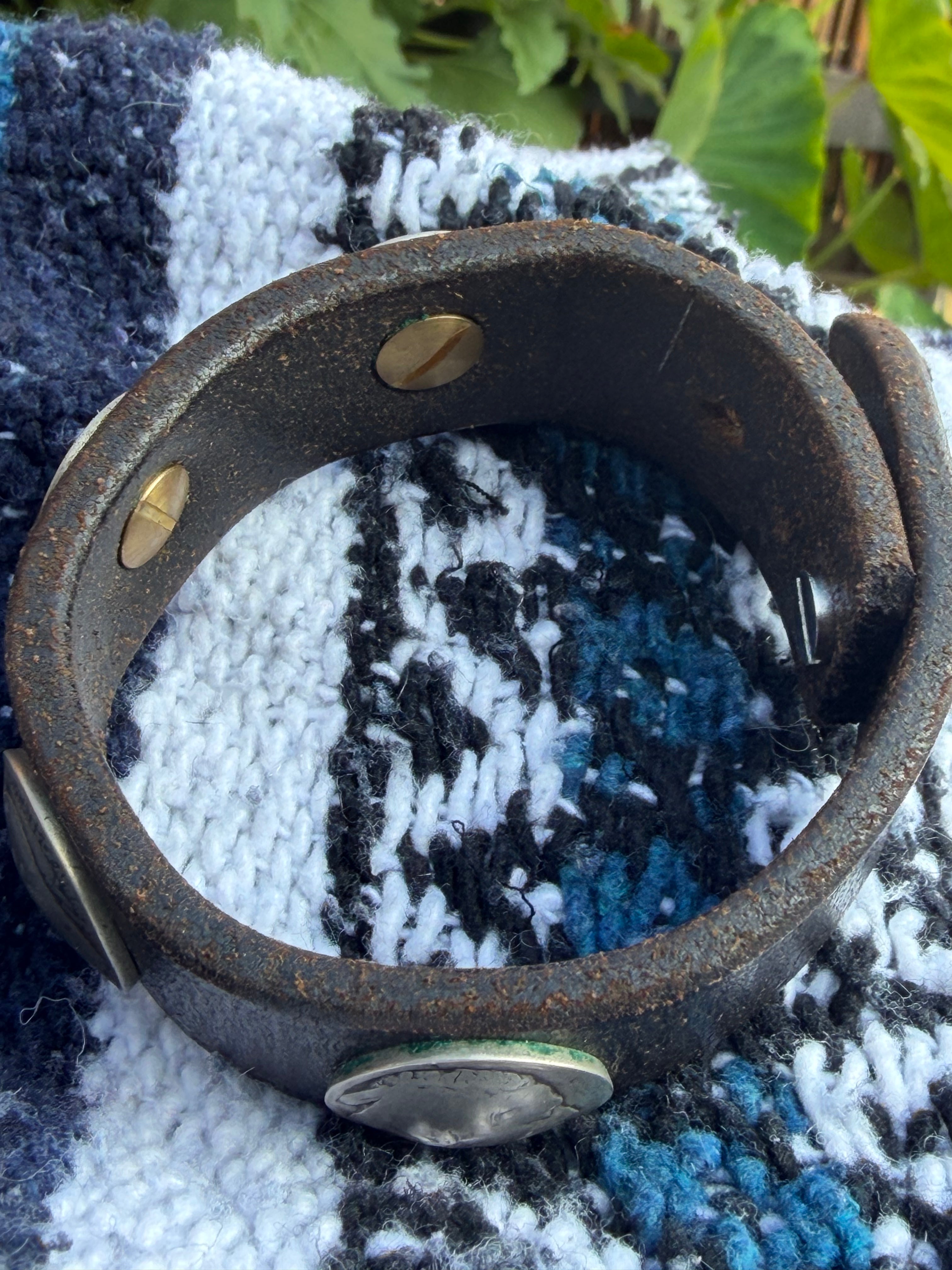 Handcrafted Western Leather Wristband | Oval Turquoise Cabochon & Vintage Coins