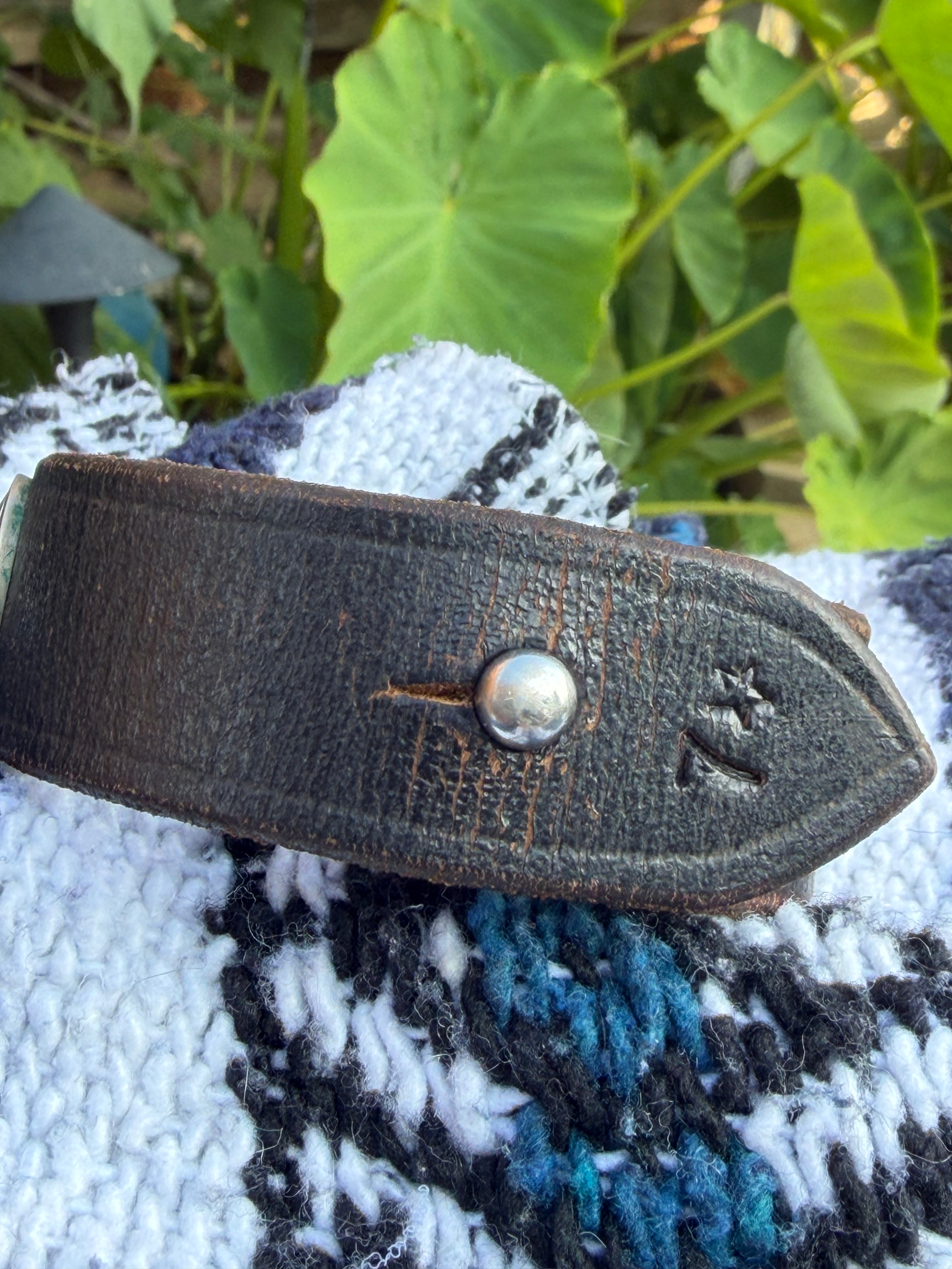 Handcrafted Western Leather Wristband | Oval Turquoise Cabochon & Vintage Coins