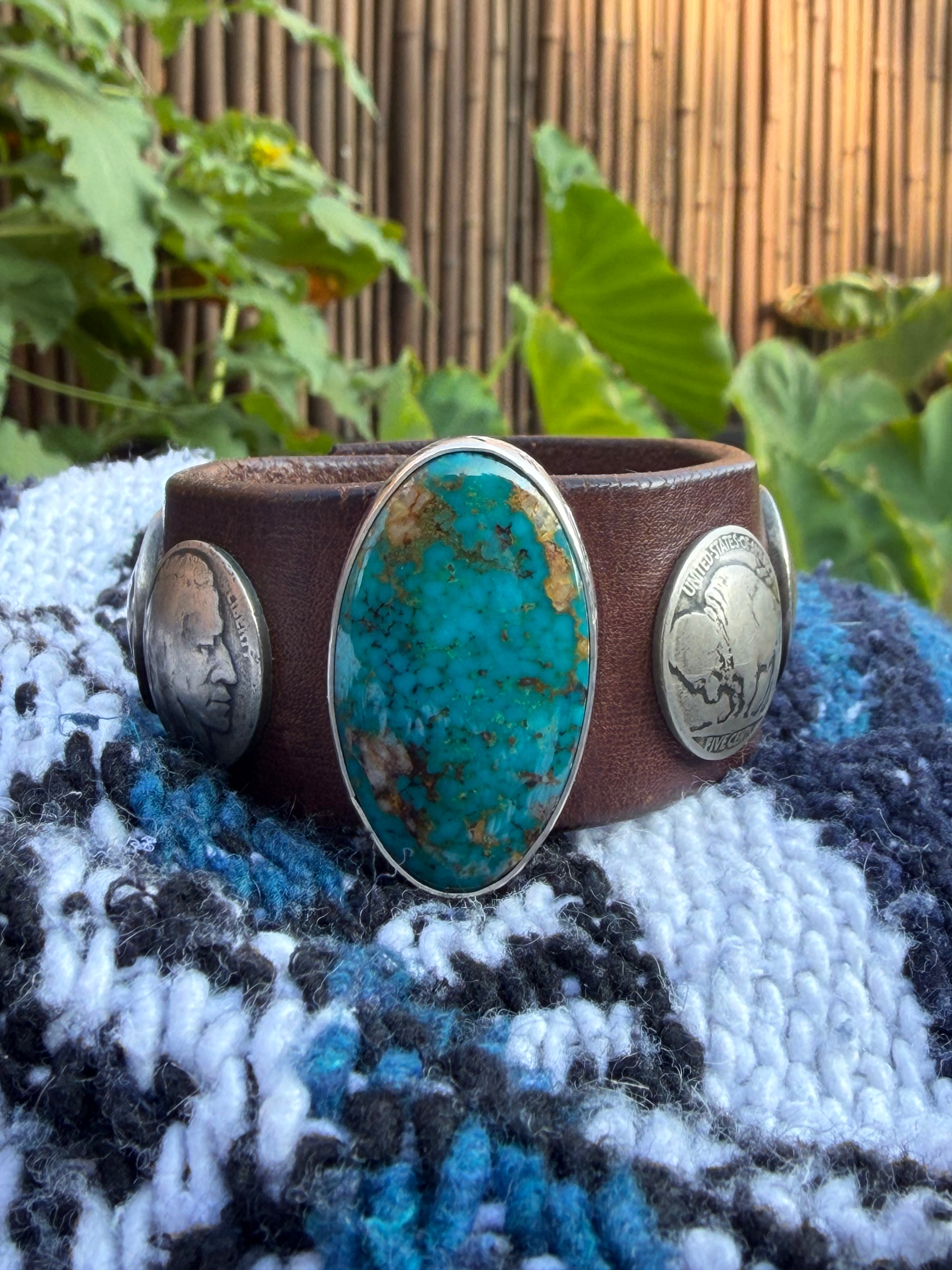 Handcrafted Western Leather Wristband | Oval Turquoise Cabochon & Vintage Coins