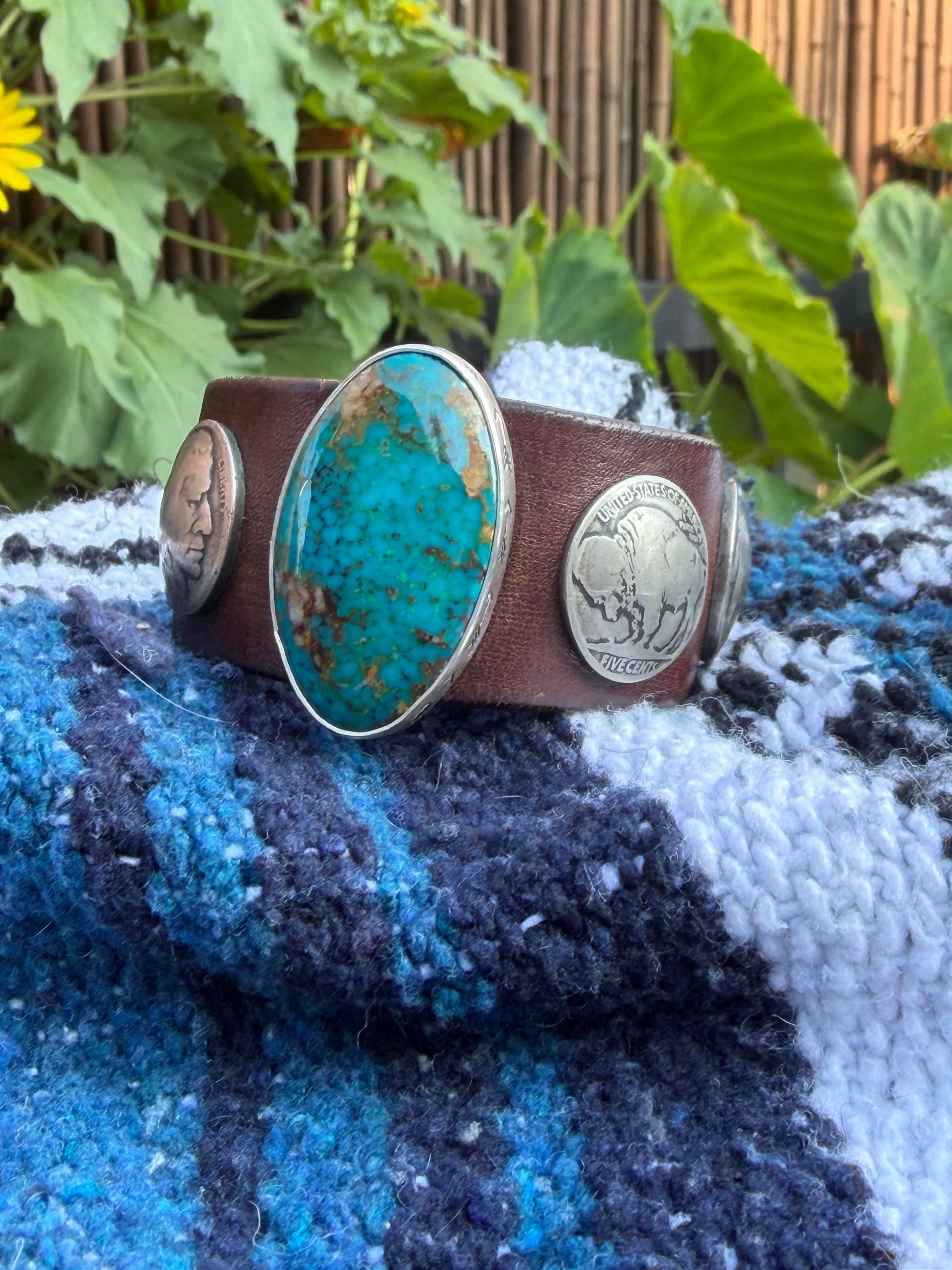Handcrafted Western Leather Wristband | Oval Turquoise Cabochon & Vintage Coins
