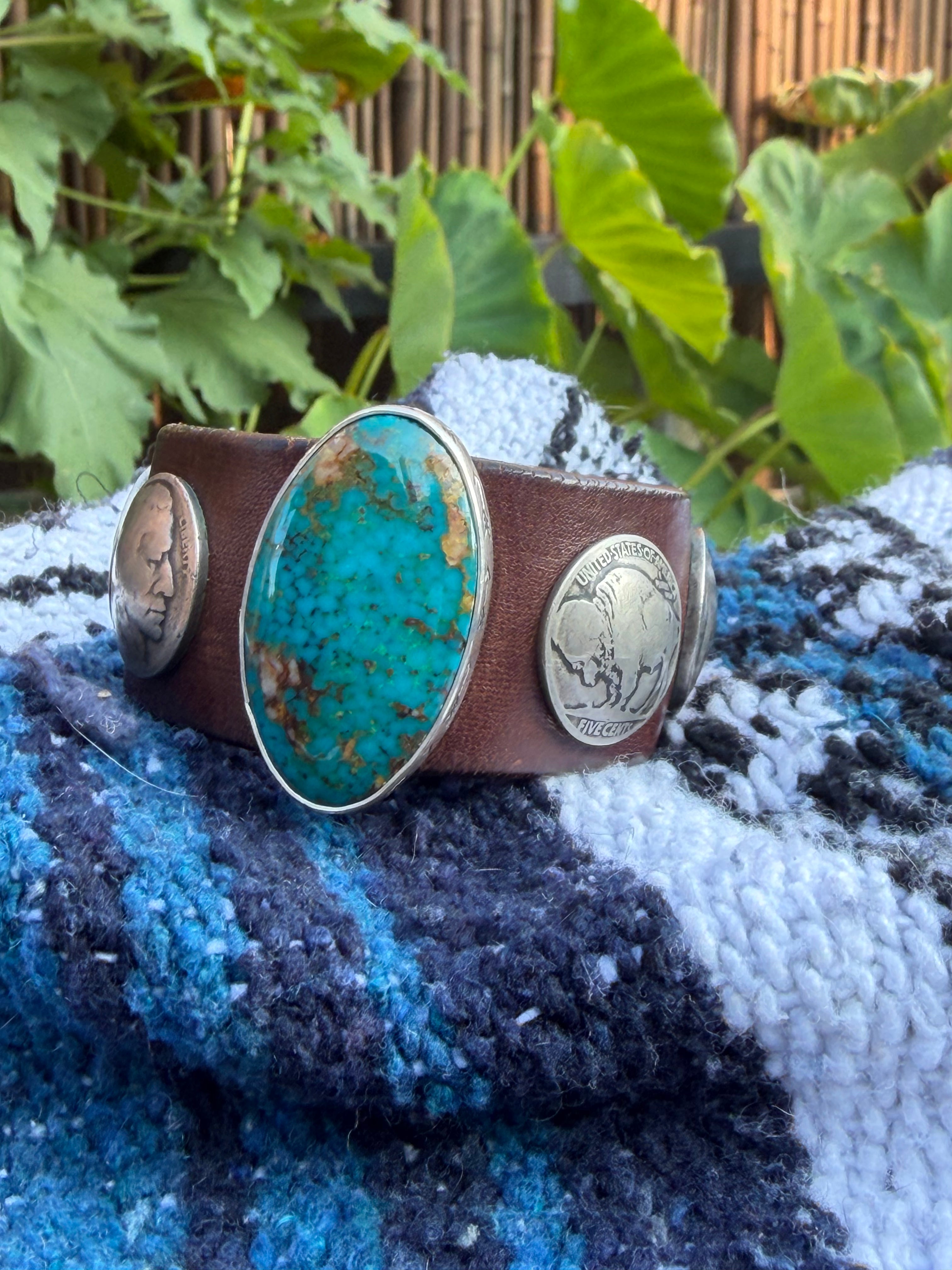 Handcrafted Western Leather Wristband | Oval Turquoise Cabochon & Vintage Coins