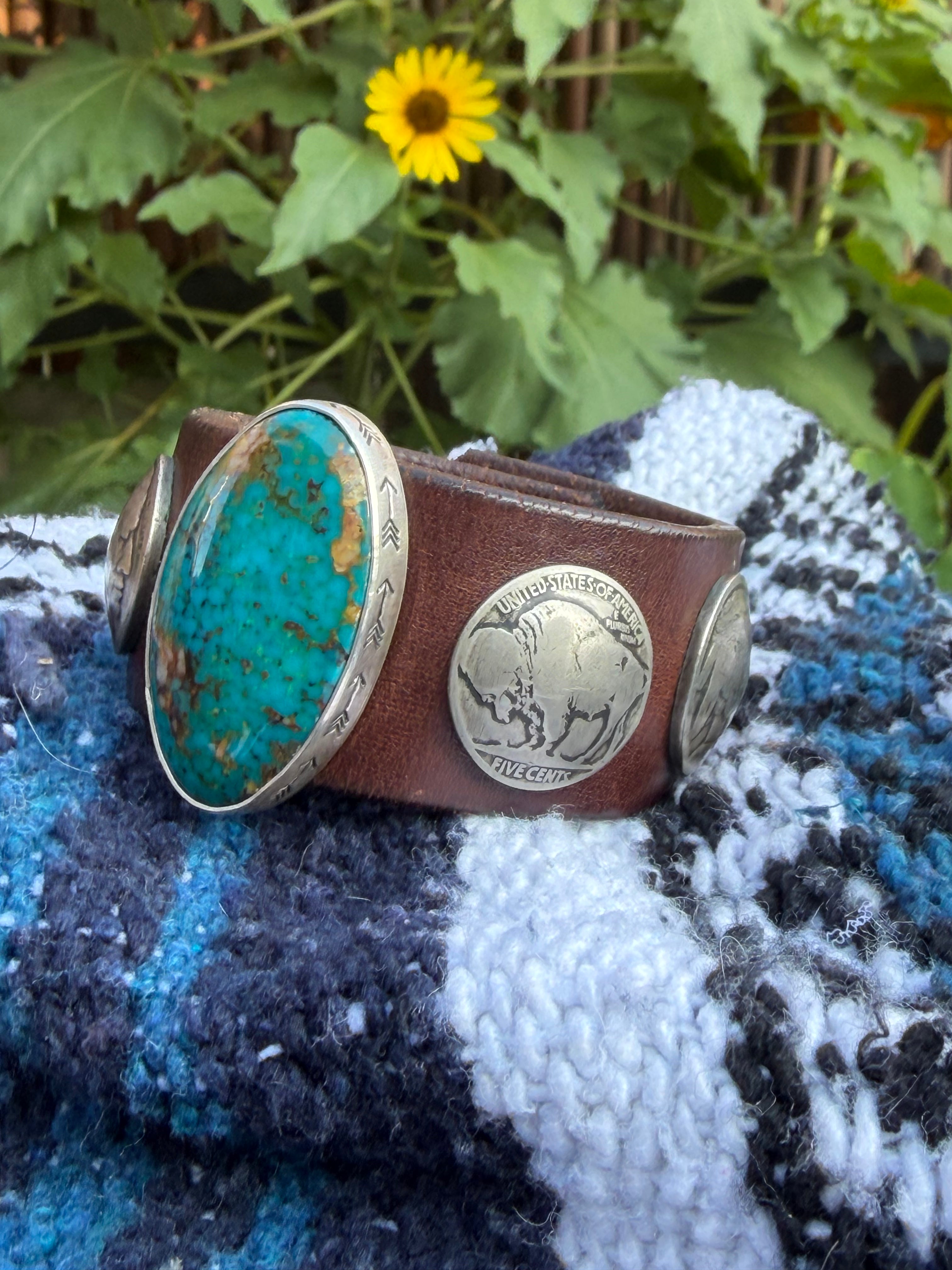 Handcrafted Western Leather Wristband | Oval Turquoise Cabochon & Vintage Coins