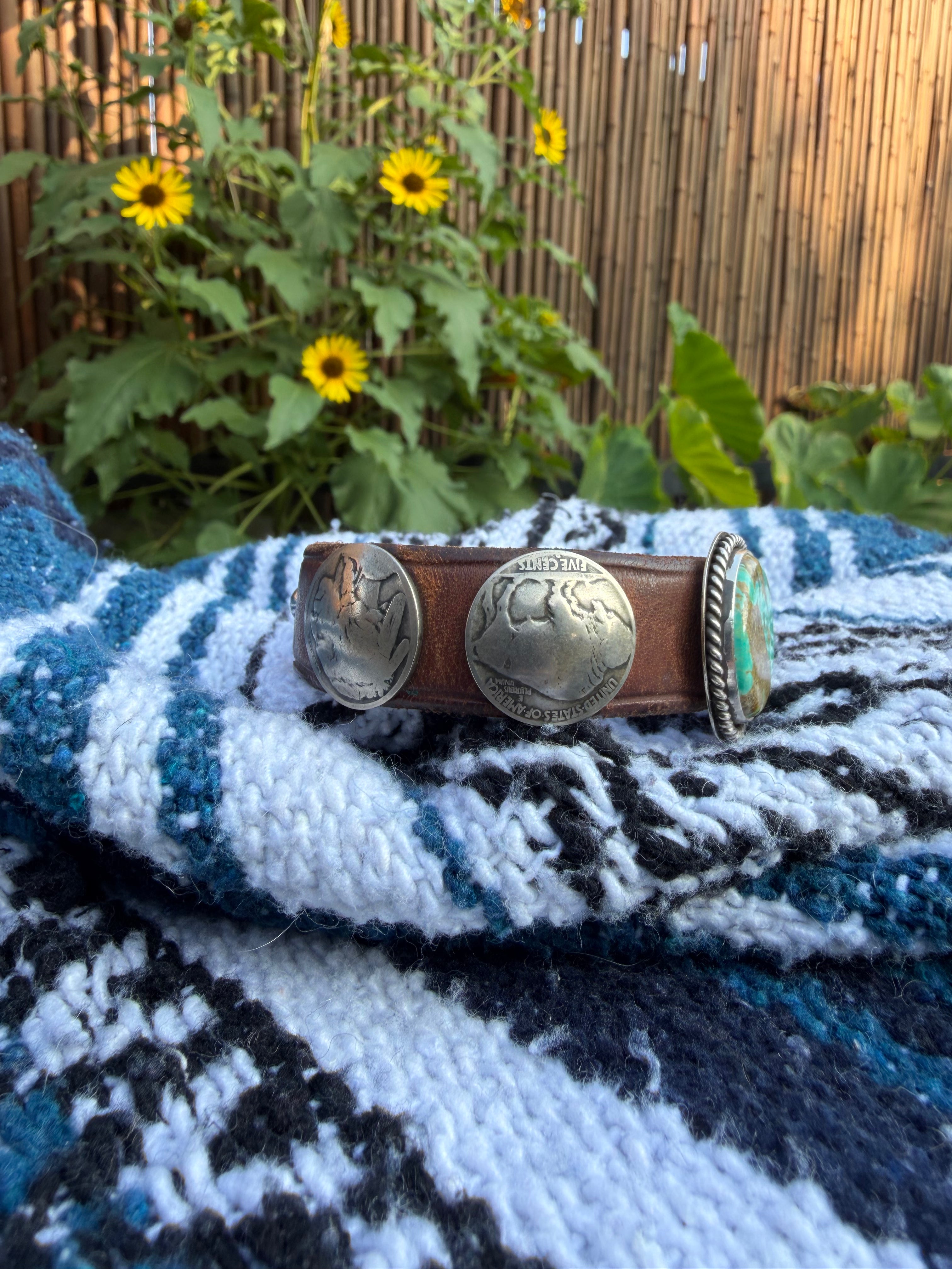 Vintage Southwestern Round Turquoise & Buffalo Nickel Leather Cuff Bracelet