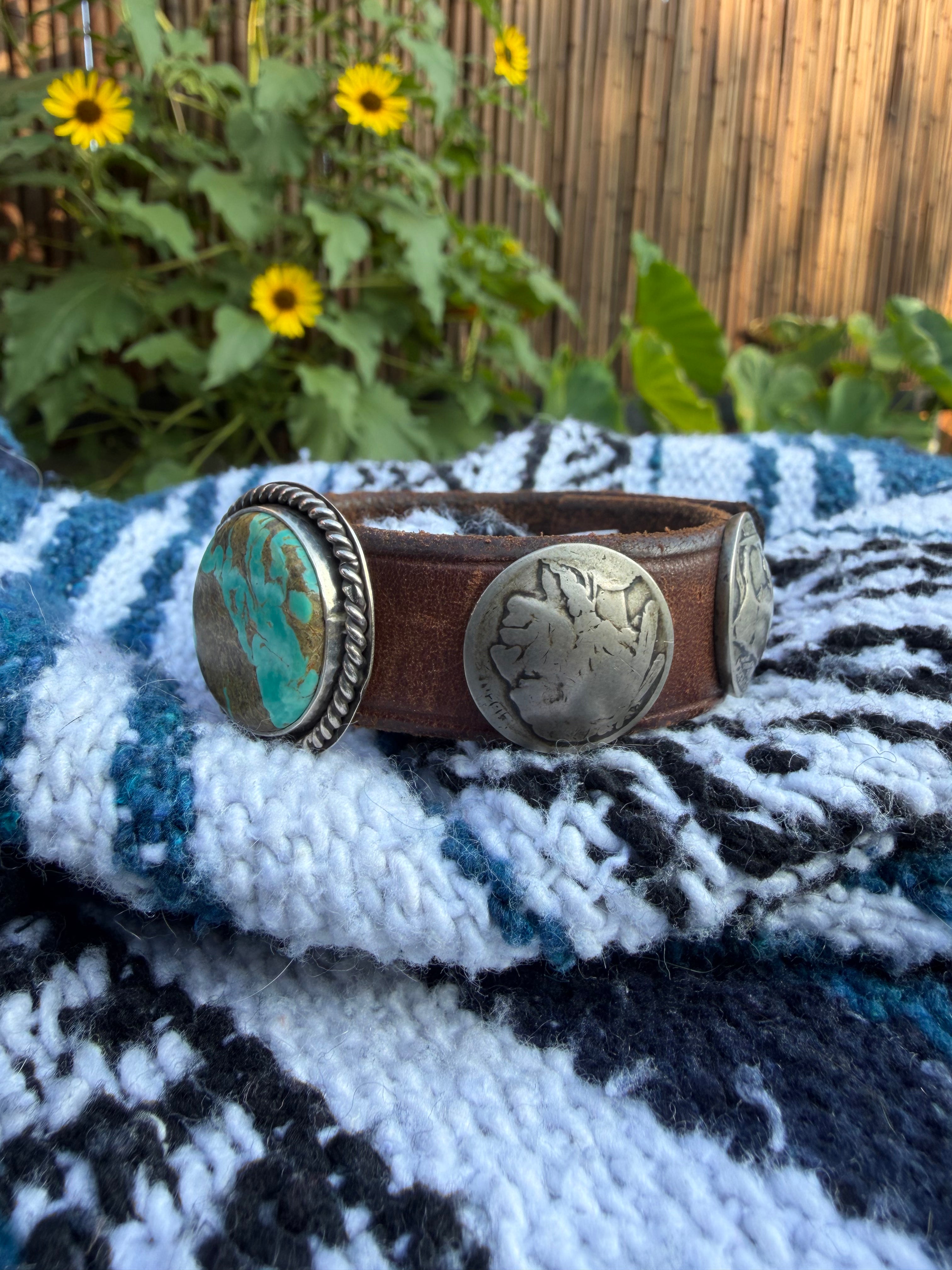 Vintage Southwestern Round Turquoise & Buffalo Nickel Leather Cuff Bracelet