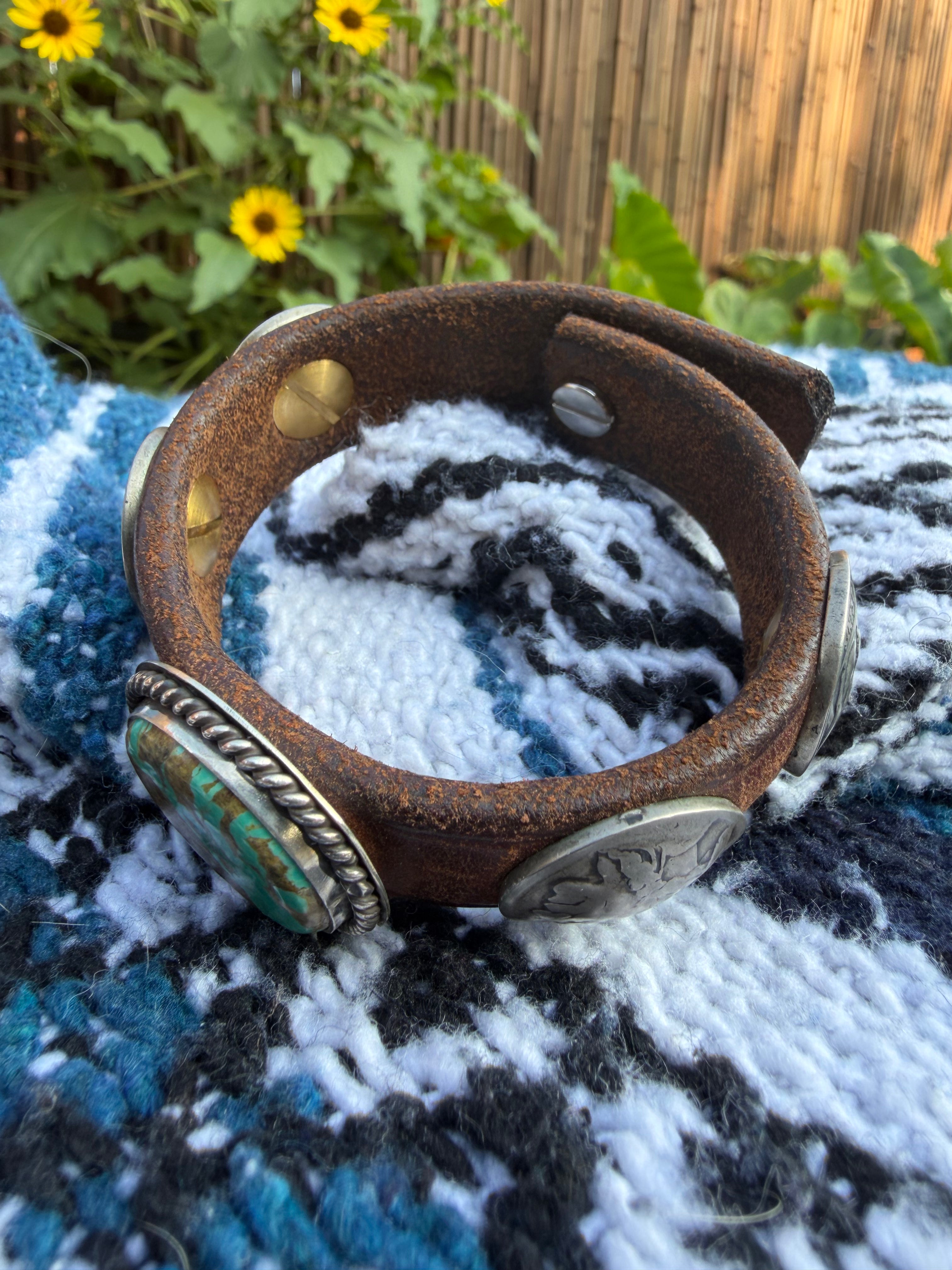 Vintage Southwestern Round Turquoise & Buffalo Nickel Leather Cuff Bracelet