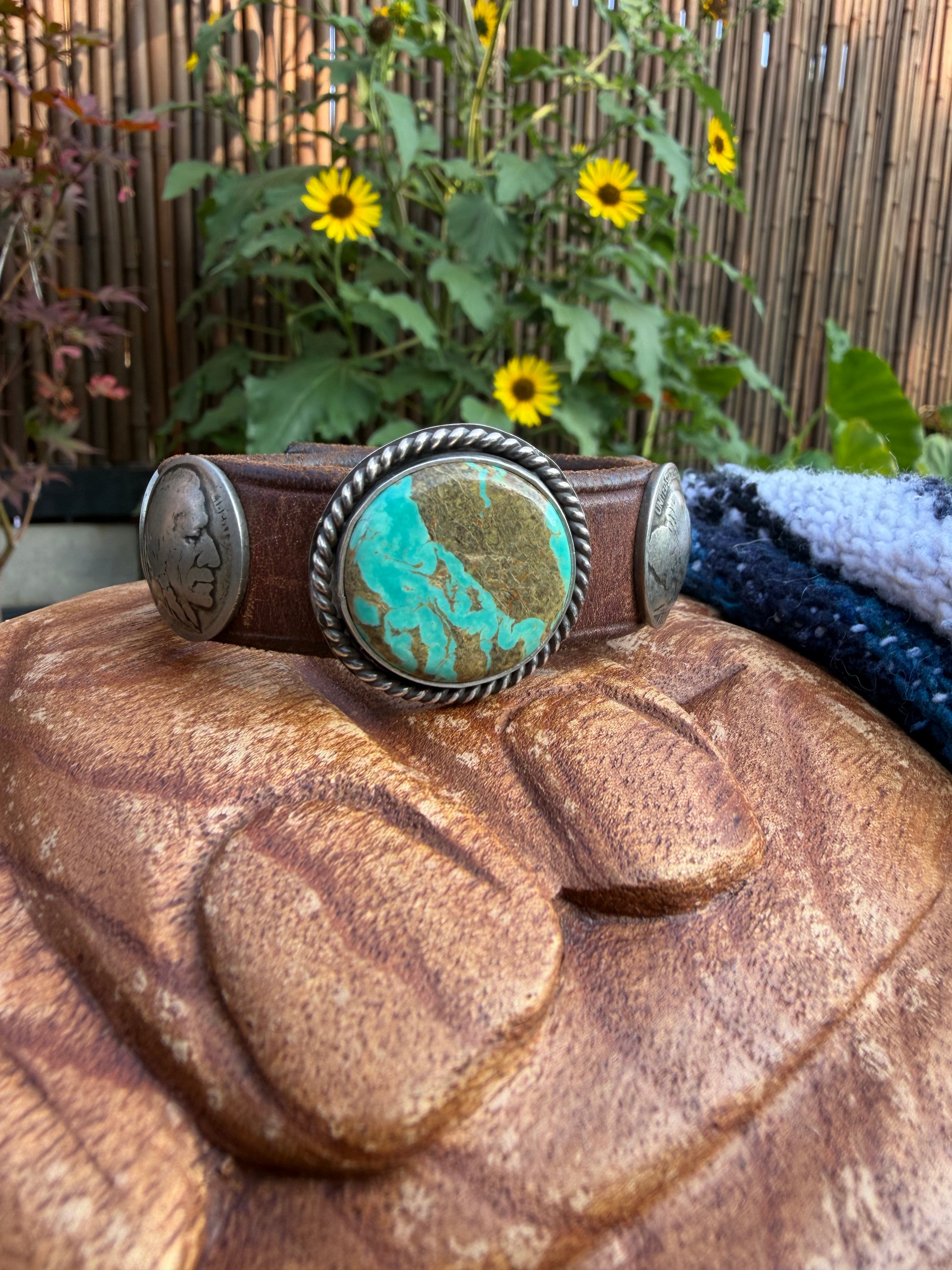 Vintage Southwestern Round Turquoise & Buffalo Nickel Leather Cuff Bracelet