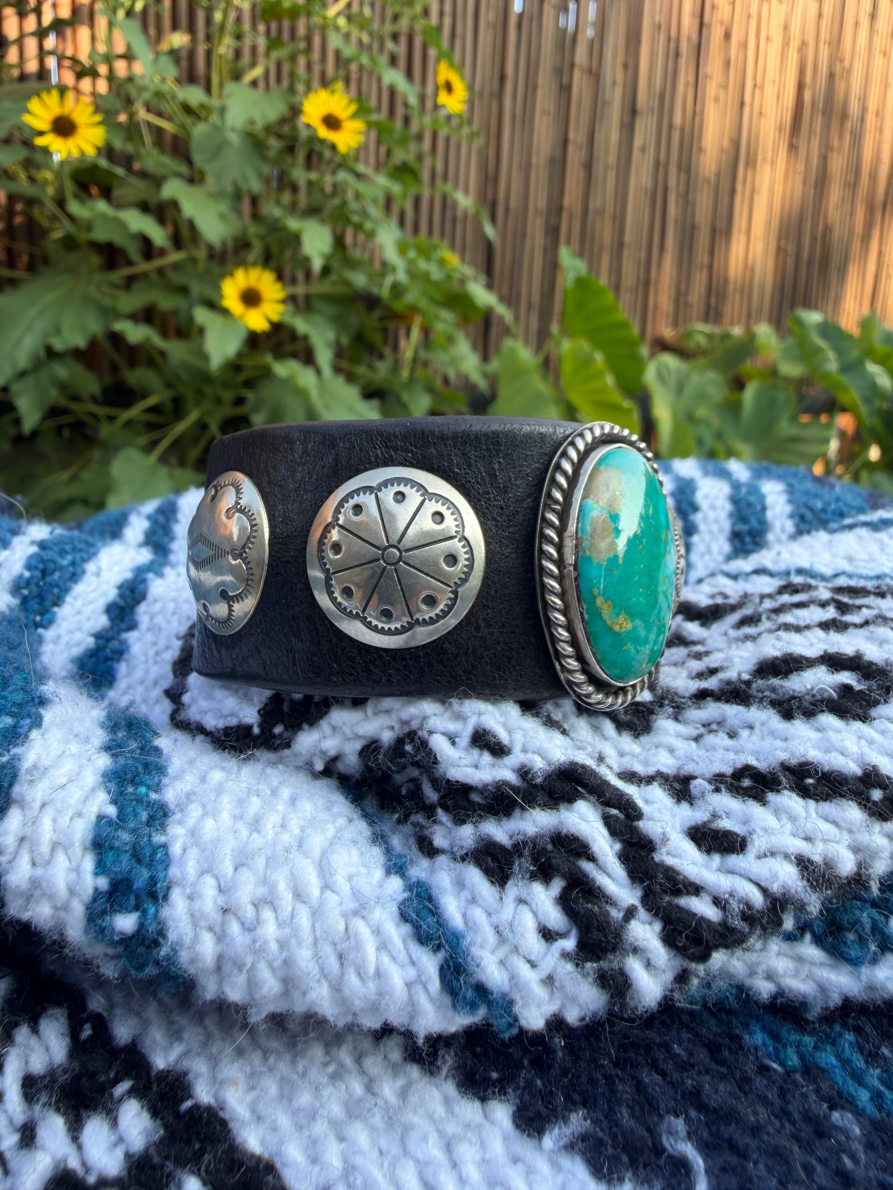 Vintage Southwestern Black Leather Cuff Bracelet with Large Oval Turquoise