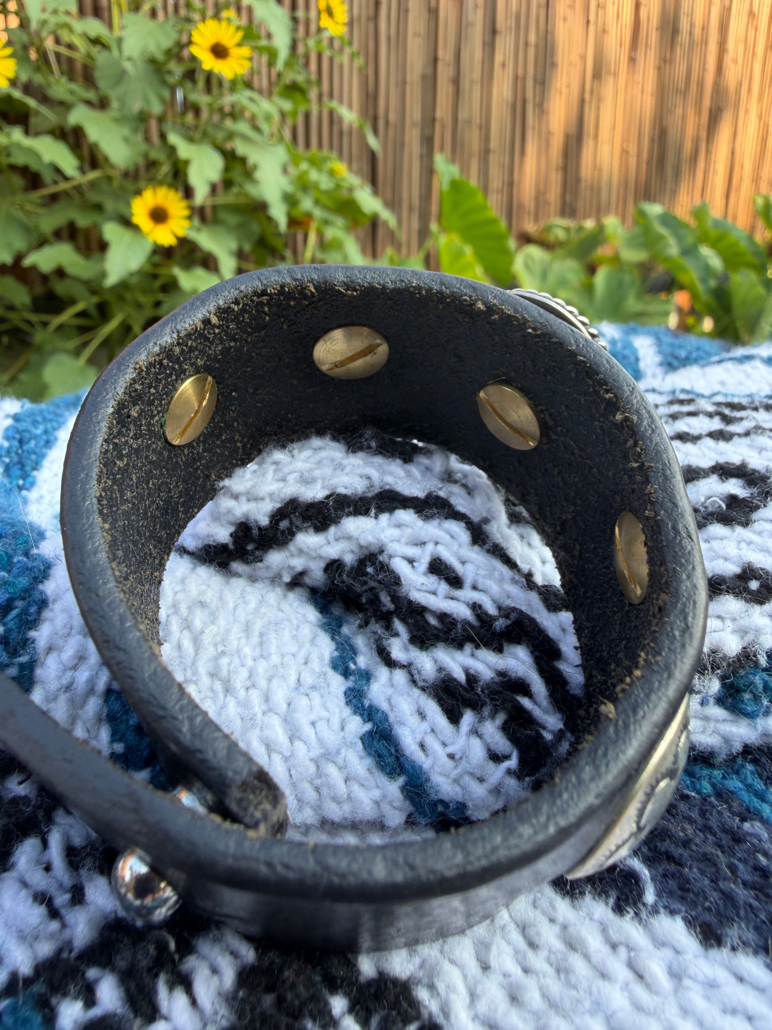 Vintage Southwestern Black Leather Cuff Bracelet with Large Oval Turquoise