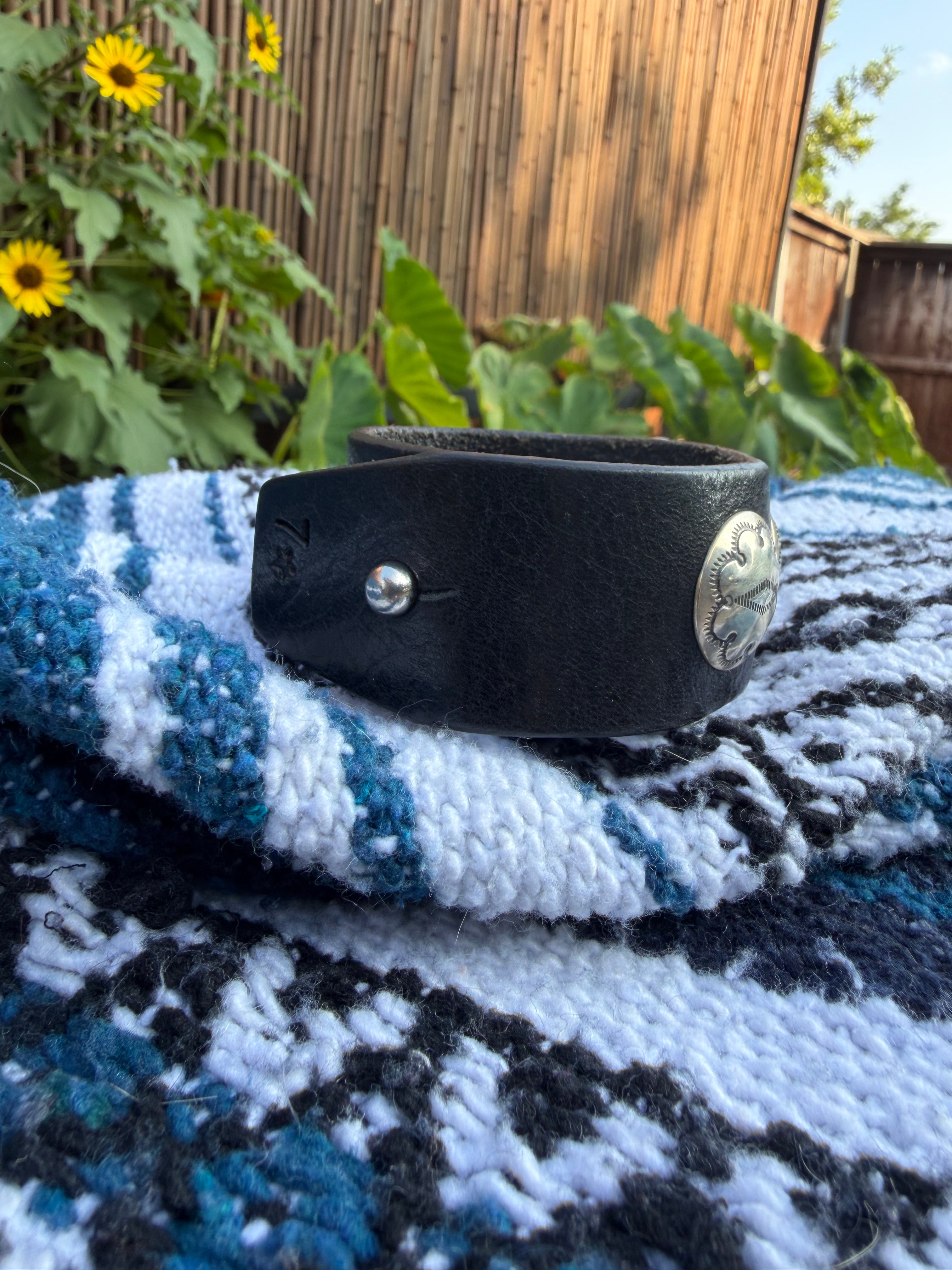Vintage Southwestern Black Leather Cuff Bracelet with Large Oval Turquoise