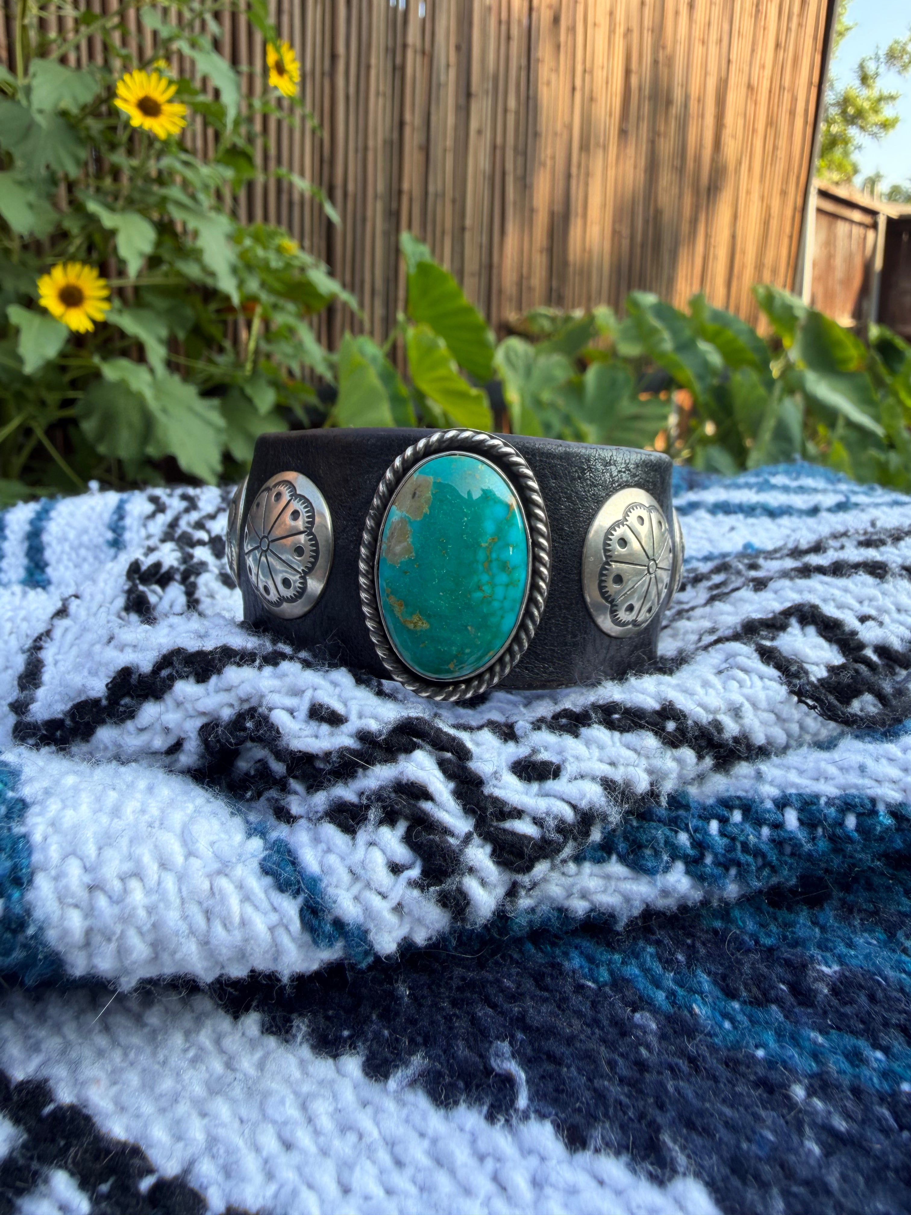 Vintage Southwestern Black Leather Cuff Bracelet with Large Oval Turquoise