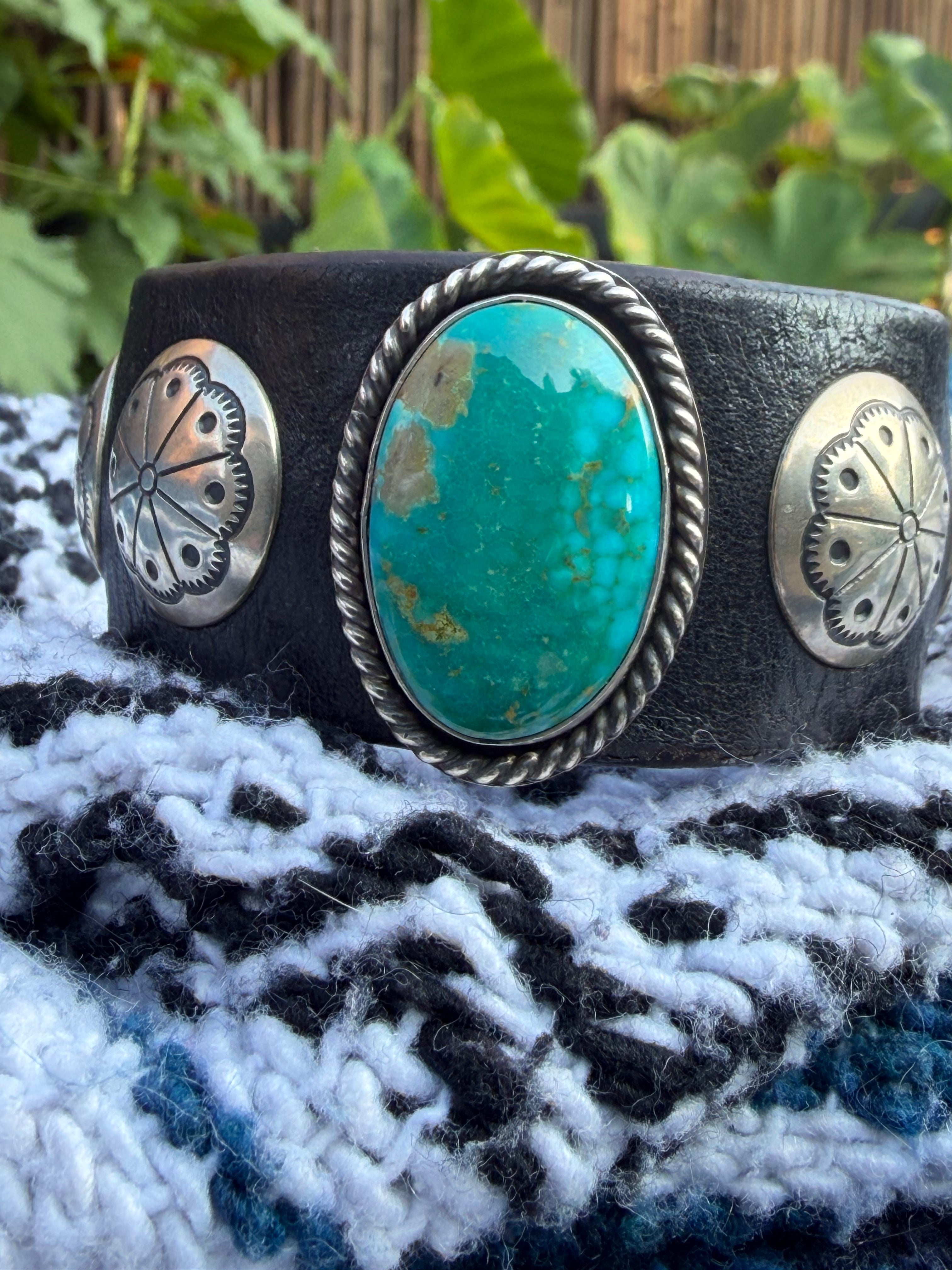 Vintage Southwestern Black Leather Cuff Bracelet with Large Oval Turquoise