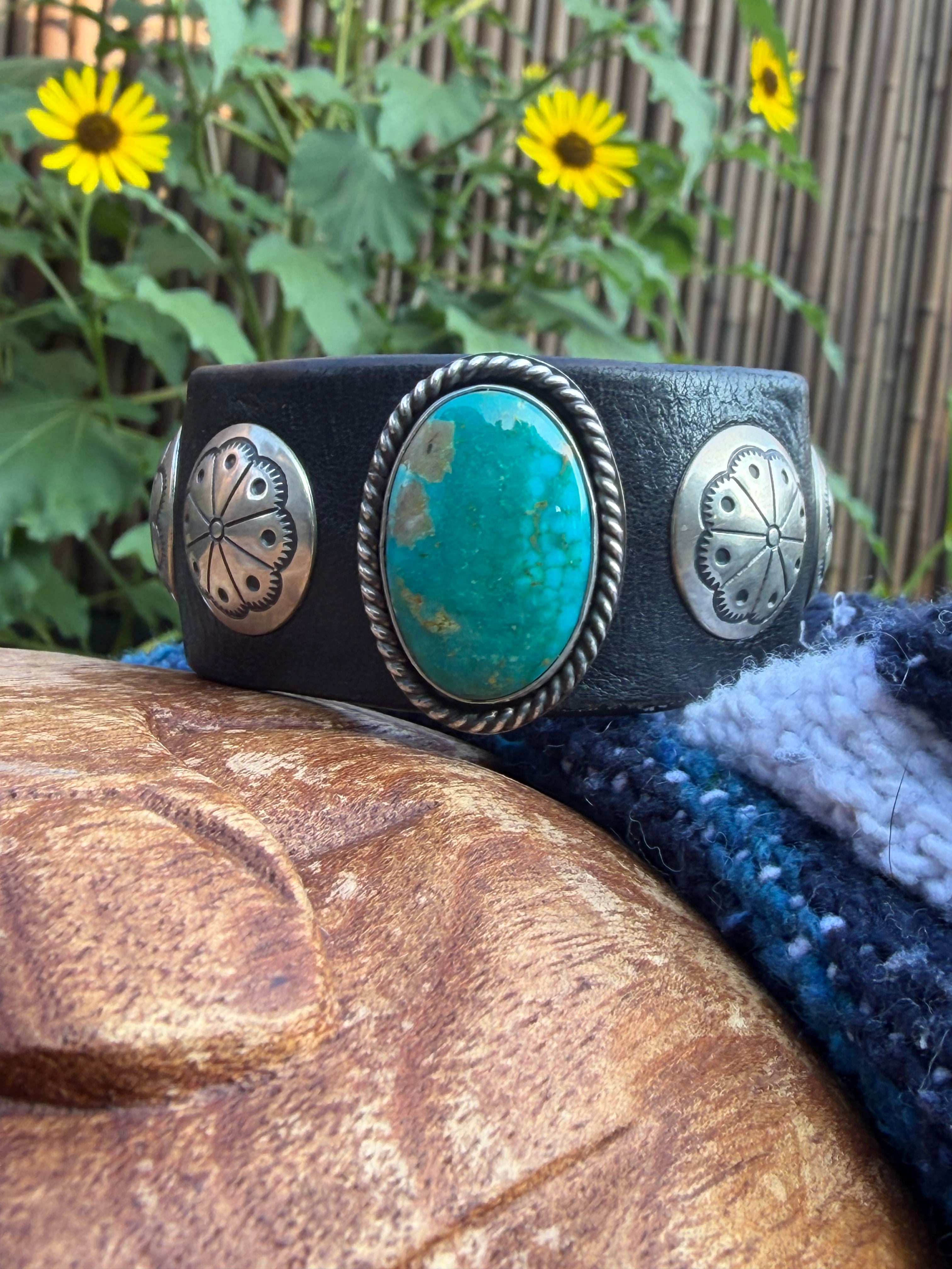 Vintage Southwestern Black Leather Cuff Bracelet with Large Oval Turquoise