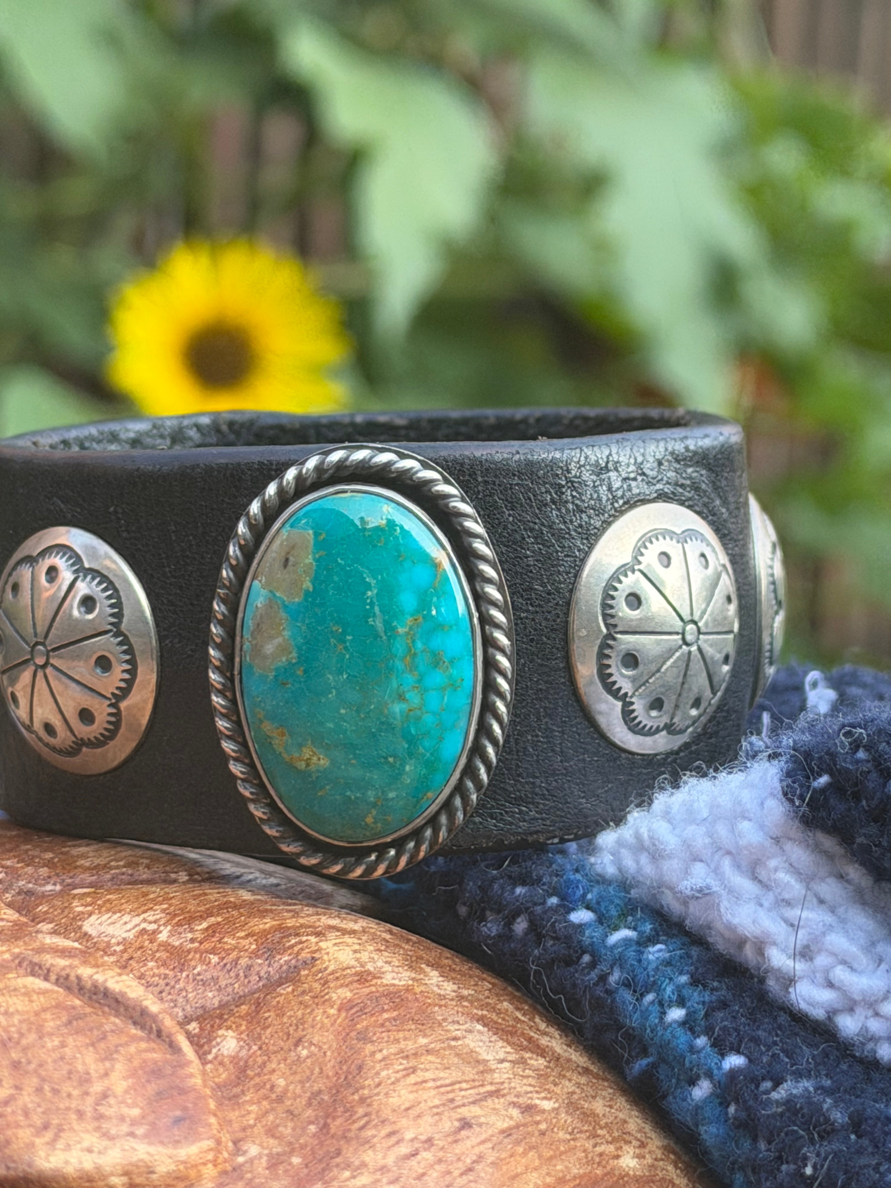 Vintage Southwestern Black Leather Cuff Bracelet with Large Oval Turquoise