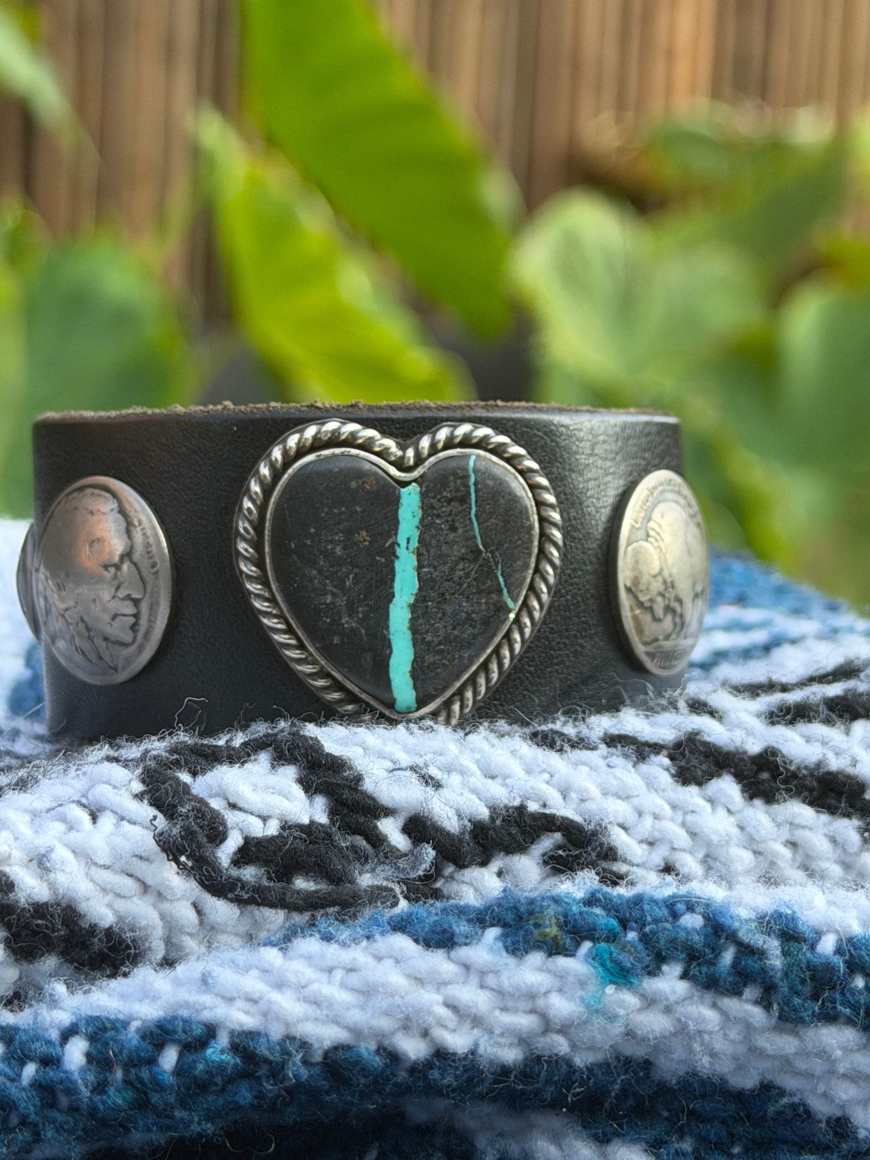 Vintage Southwestern Black Leather Cuff | Heart-Shaped Turquoise in Black Matrix