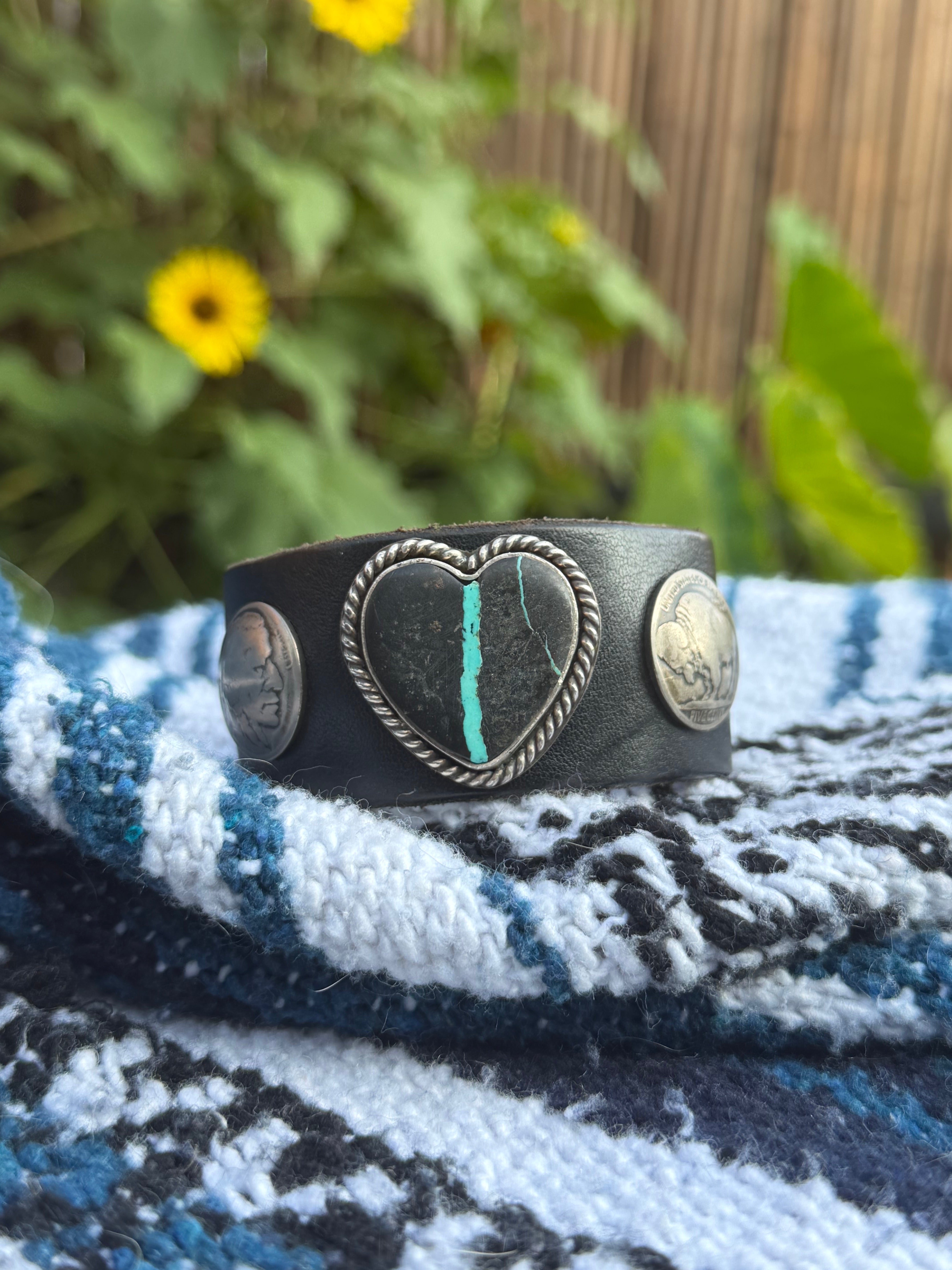 Vintage Southwestern Black Leather Cuff | Heart-Shaped Turquoise in Black Matrix