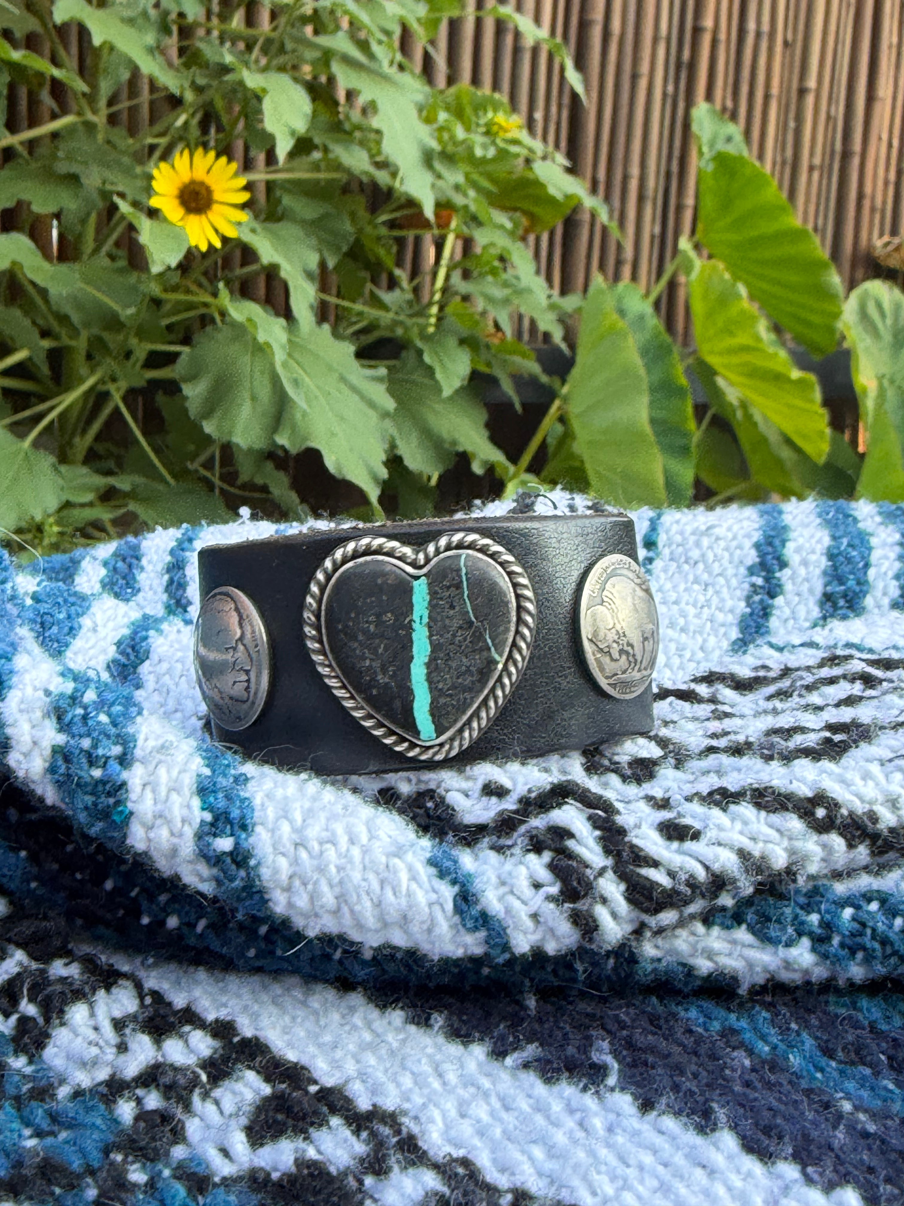 Vintage Southwestern Black Leather Cuff | Heart-Shaped Turquoise in Black Matrix