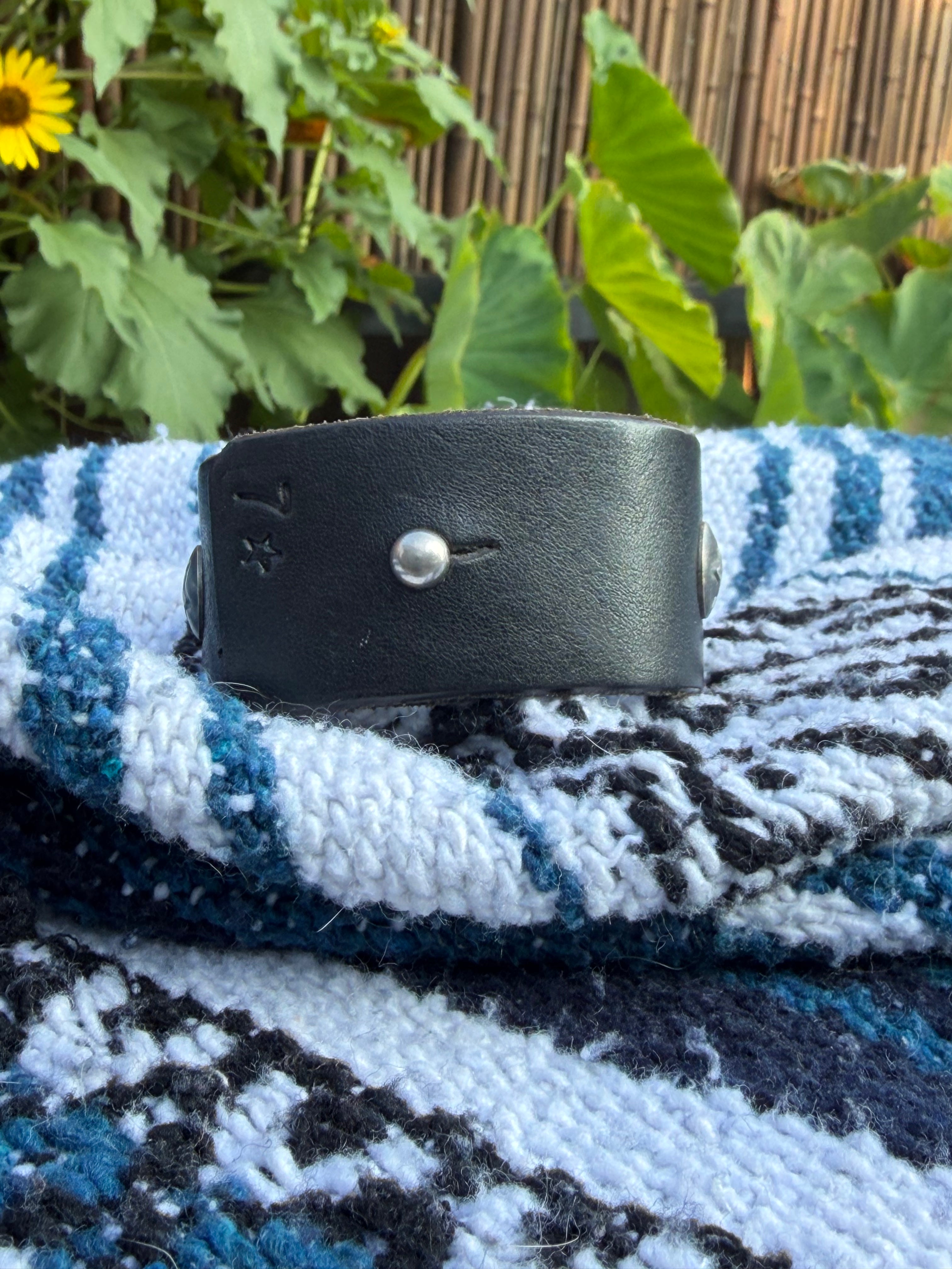 Vintage Southwestern Black Leather Cuff | Heart-Shaped Turquoise in Black Matrix