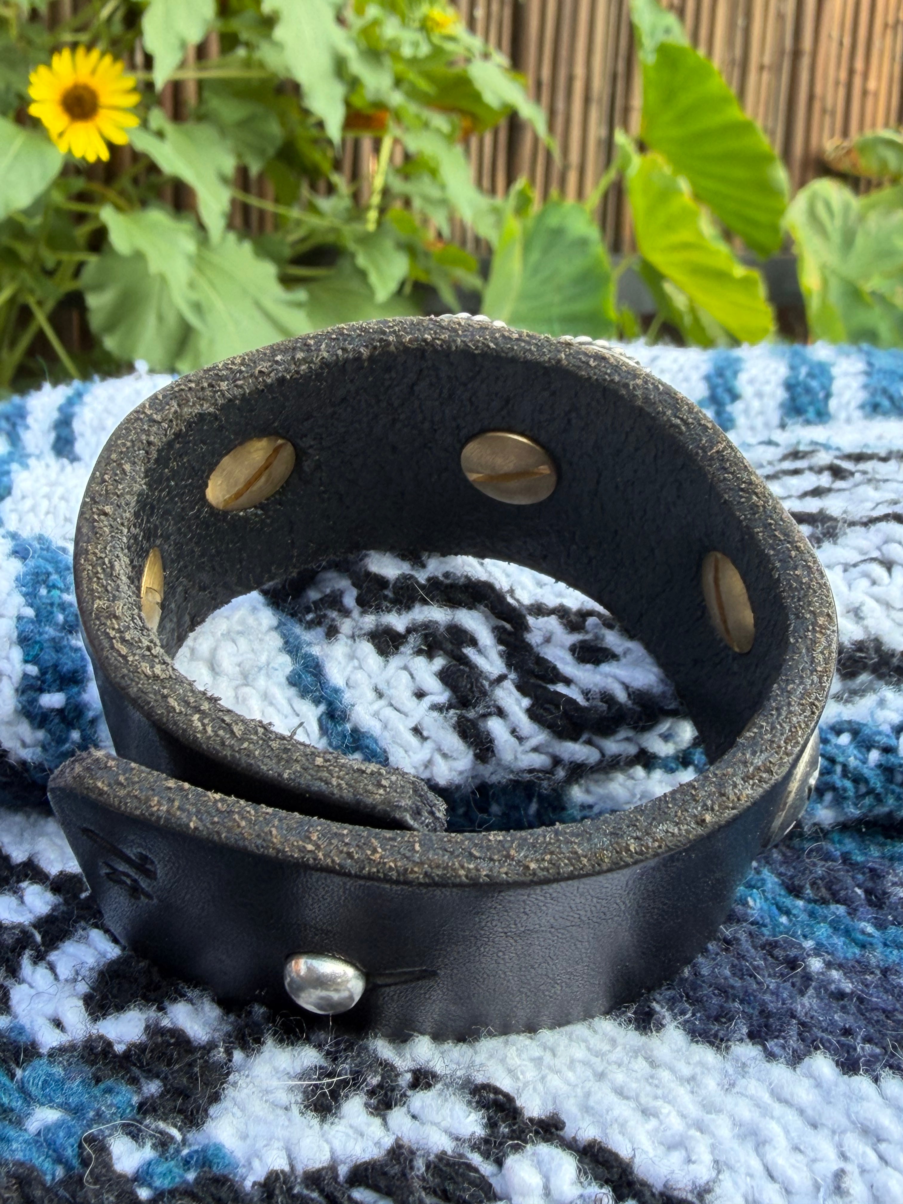 Vintage Southwestern Black Leather Cuff | Heart-Shaped Turquoise in Black Matrix