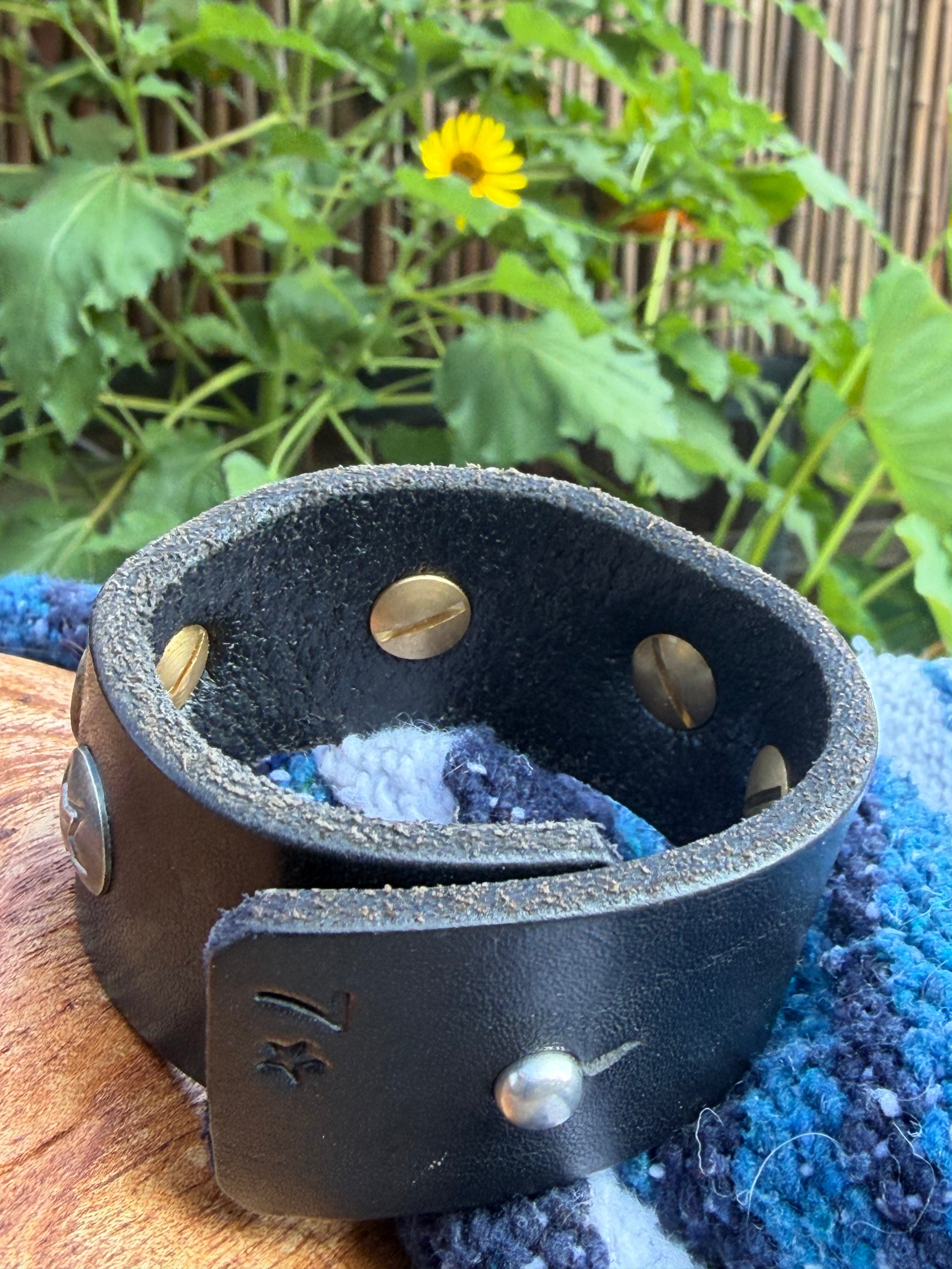 Vintage Southwestern Black Leather Cuff | Heart-Shaped Turquoise in Black Matrix