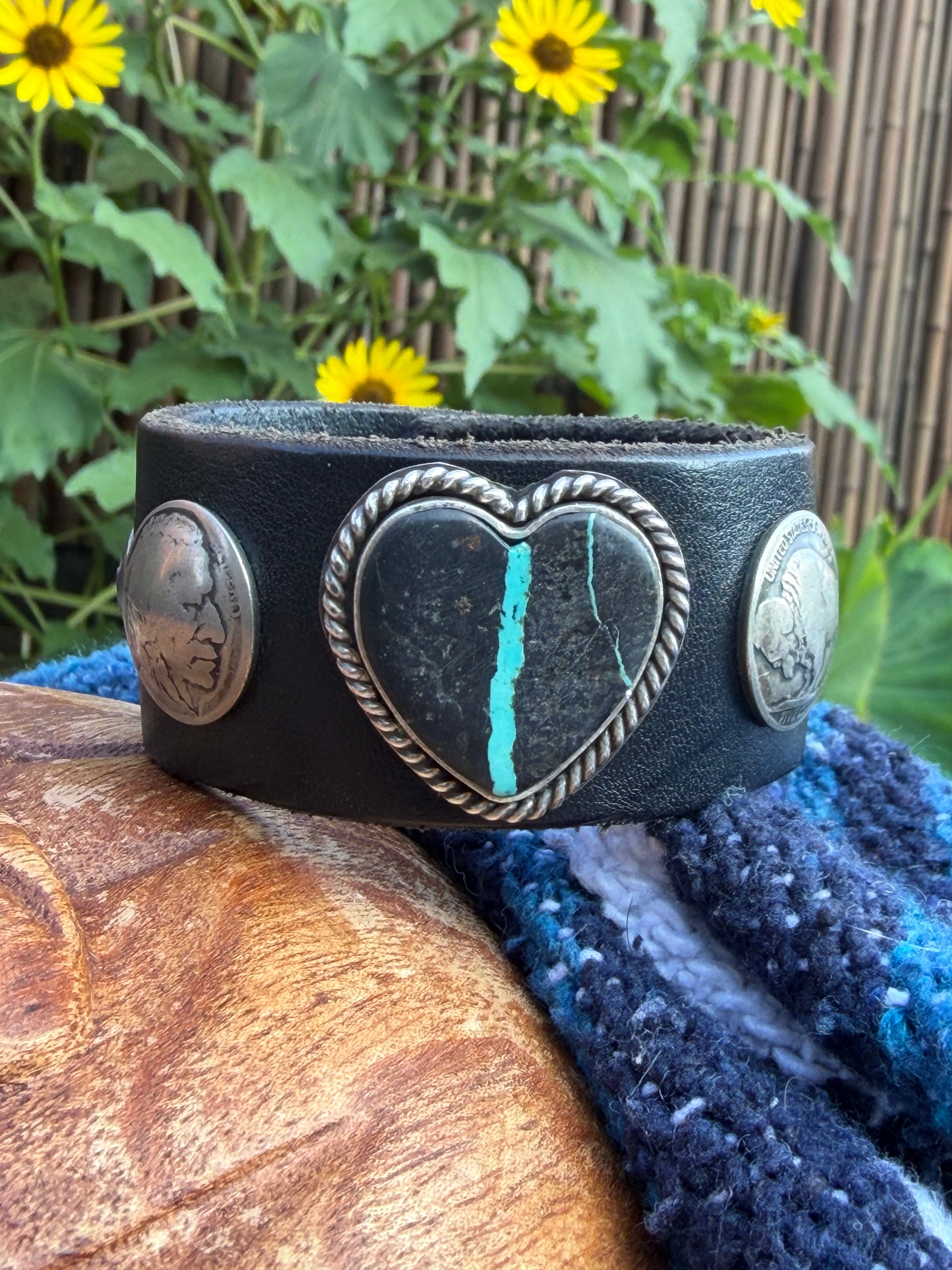 Vintage Southwestern Black Leather Cuff | Heart-Shaped Turquoise in Black Matrix